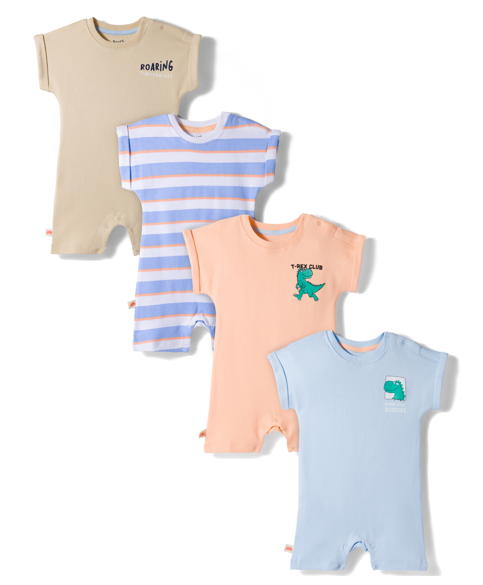 Bonfino 100% Cotton Knit Half Sleeves Striped & Text Printed Rompers Pack of 4 - Beige White & Orange-picture-10