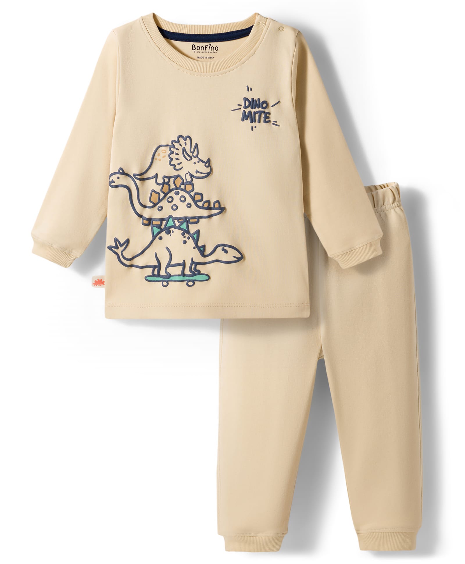 Bonfino 100% Cotton Knit Full Sleeves T-Shirt & Pyjama Night-Suit With Dino Print - Beige-picture-49