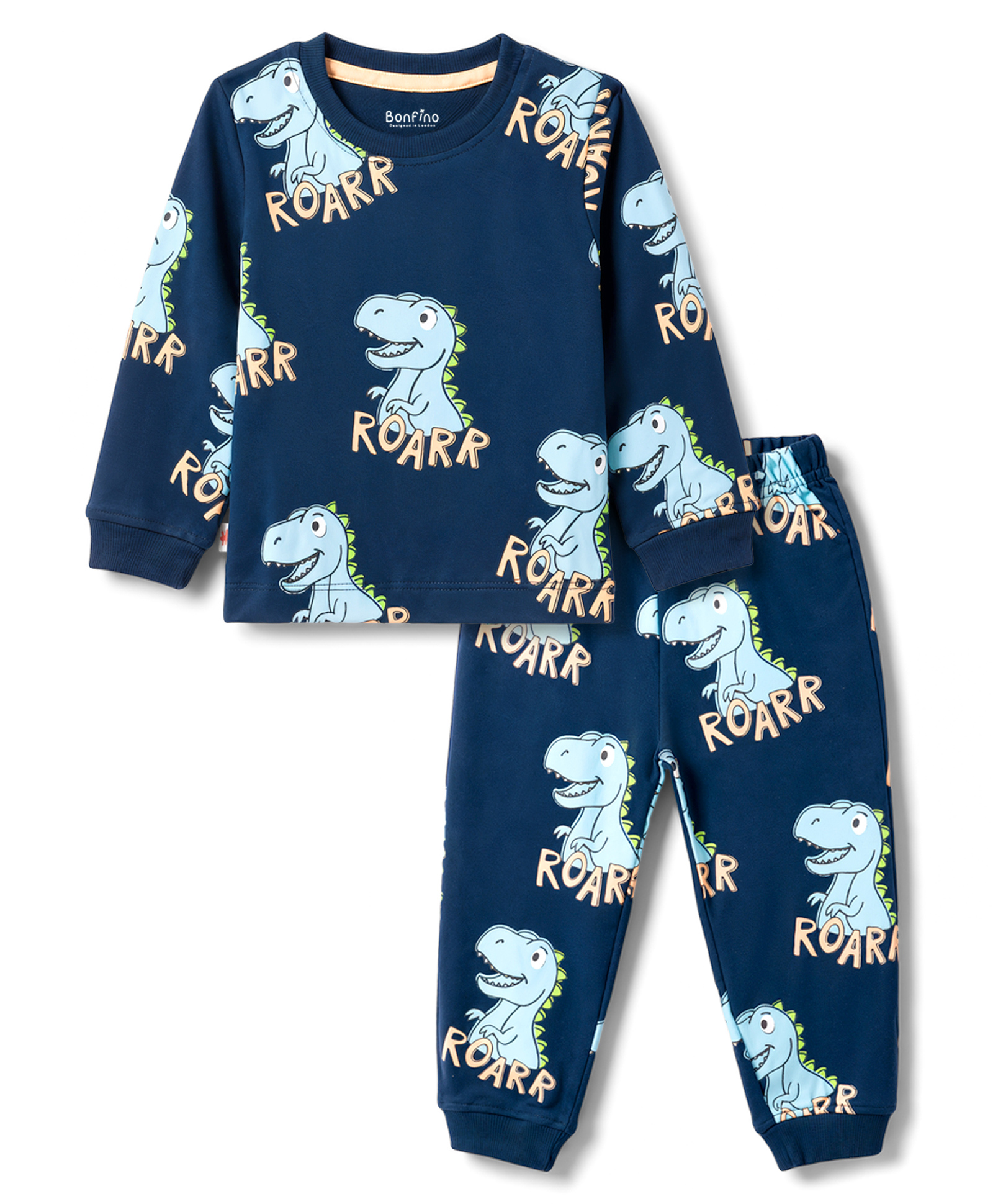 Bonfino 100% Cotton Knit Full Sleeves T-Shirt & Pyjama Co-ord Night Suit with Dino Print - Navy Blue-picture-5