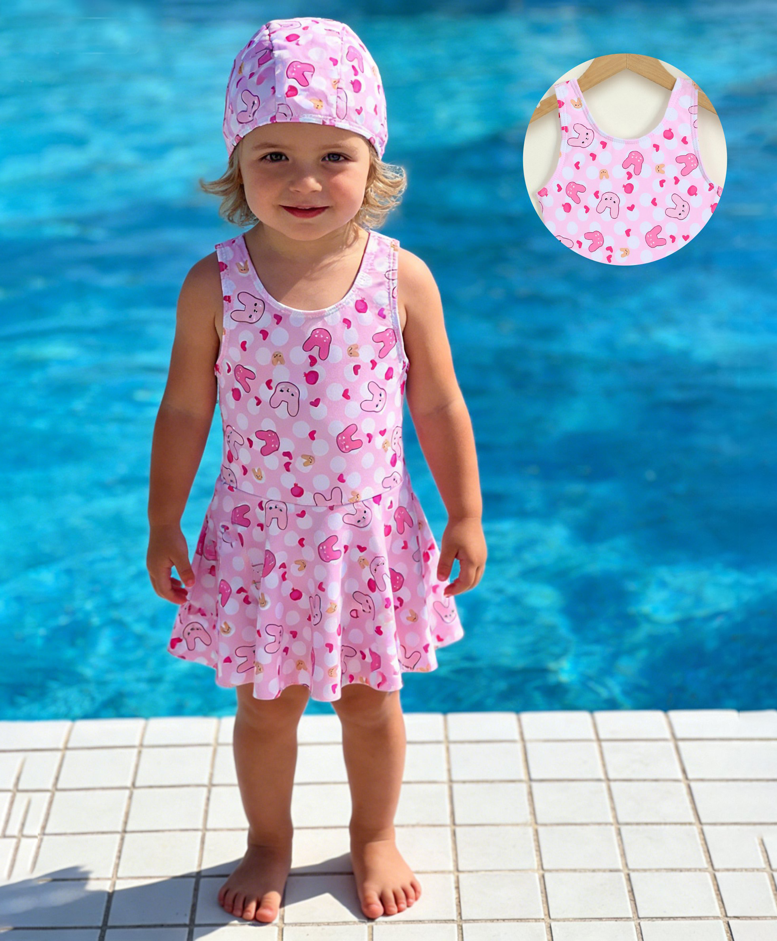 Mark & Mia Sleeveless Bunny Printed Frock Swimsuit - Pink-image-0