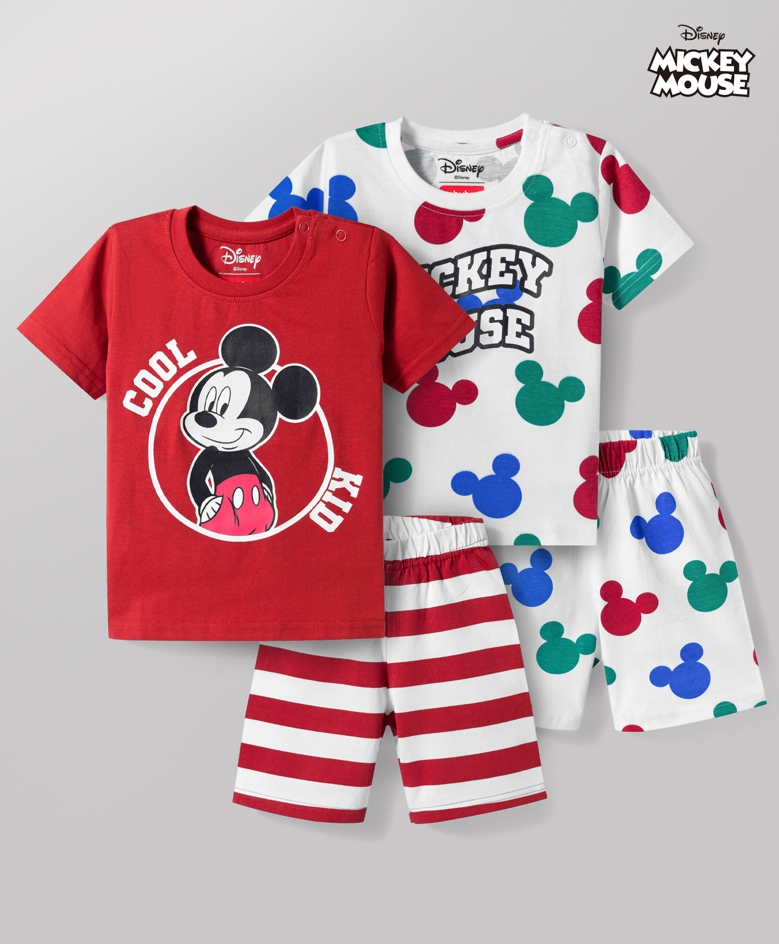Babyhug Disney 100% Cotton Knit Half Sleeves T-Shirt & Shorts Night Suits With Micky Mouse Graphic Pack Of 2 - Multicolour