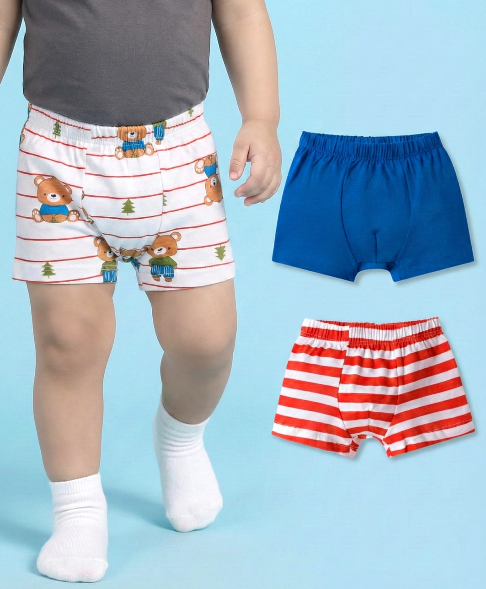 Babyhug 100% Cotton Knit Trunks With Stripes & Teddy Bear Print Pack of 3 - Multicolor-image-25