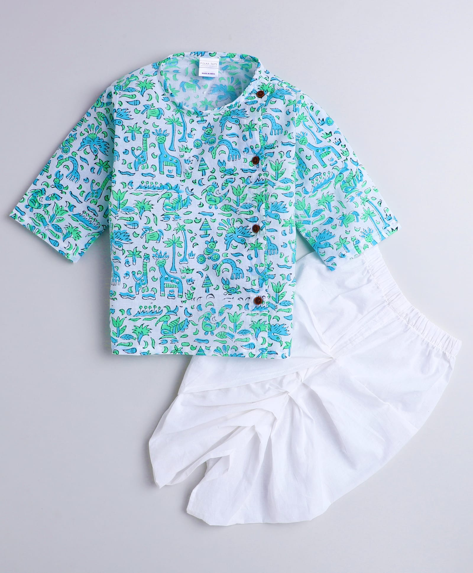 Polka Tots Cotton Woven Full Sleeves Animal Printed Angarakha Kurta & Dhoti Set - Sky Blue-picture-25