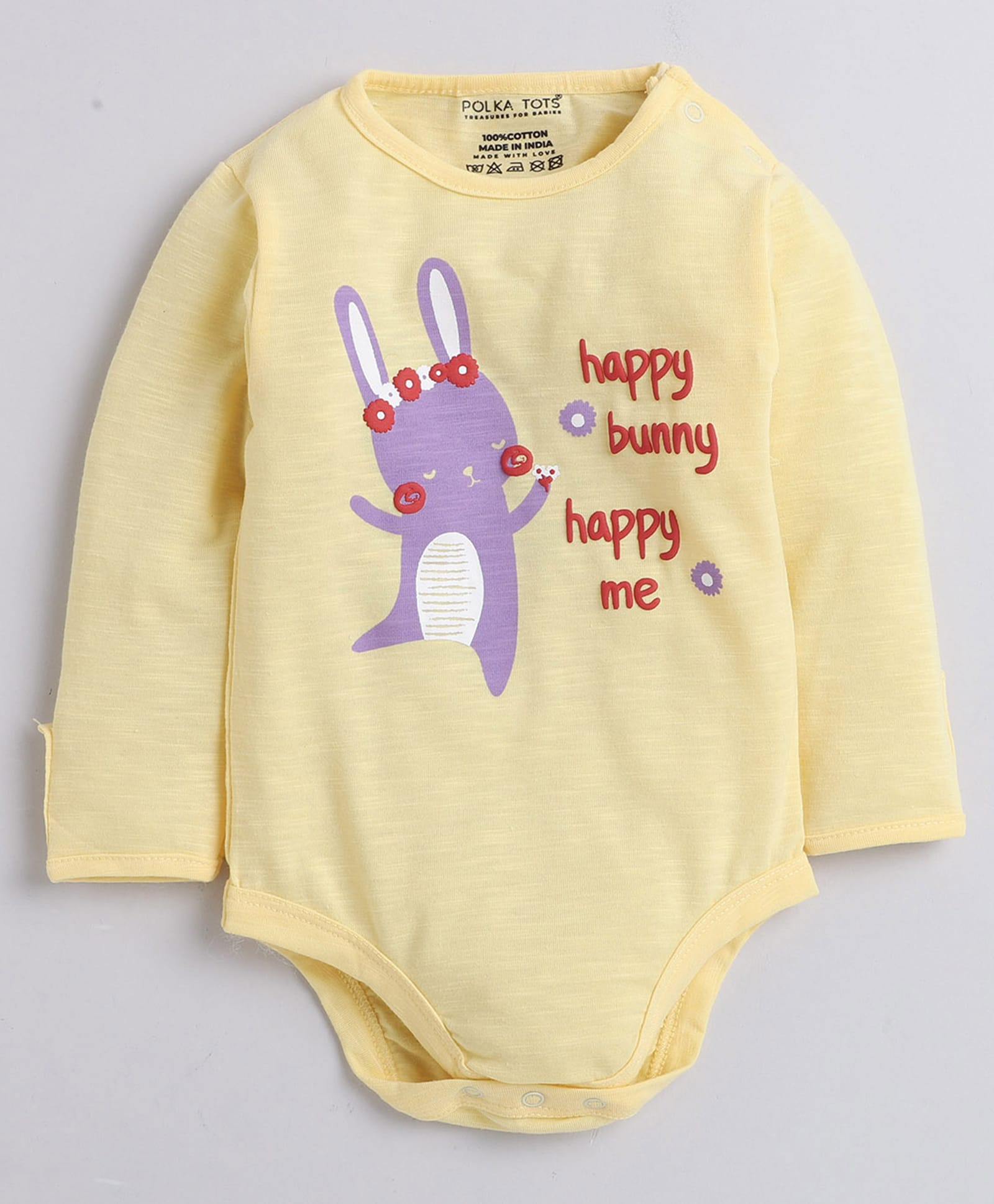 Polka Tots Cotton Knit Full Sleeves Happy Bunny Happy Me Text Printed Onesie - Yellow-picture-40