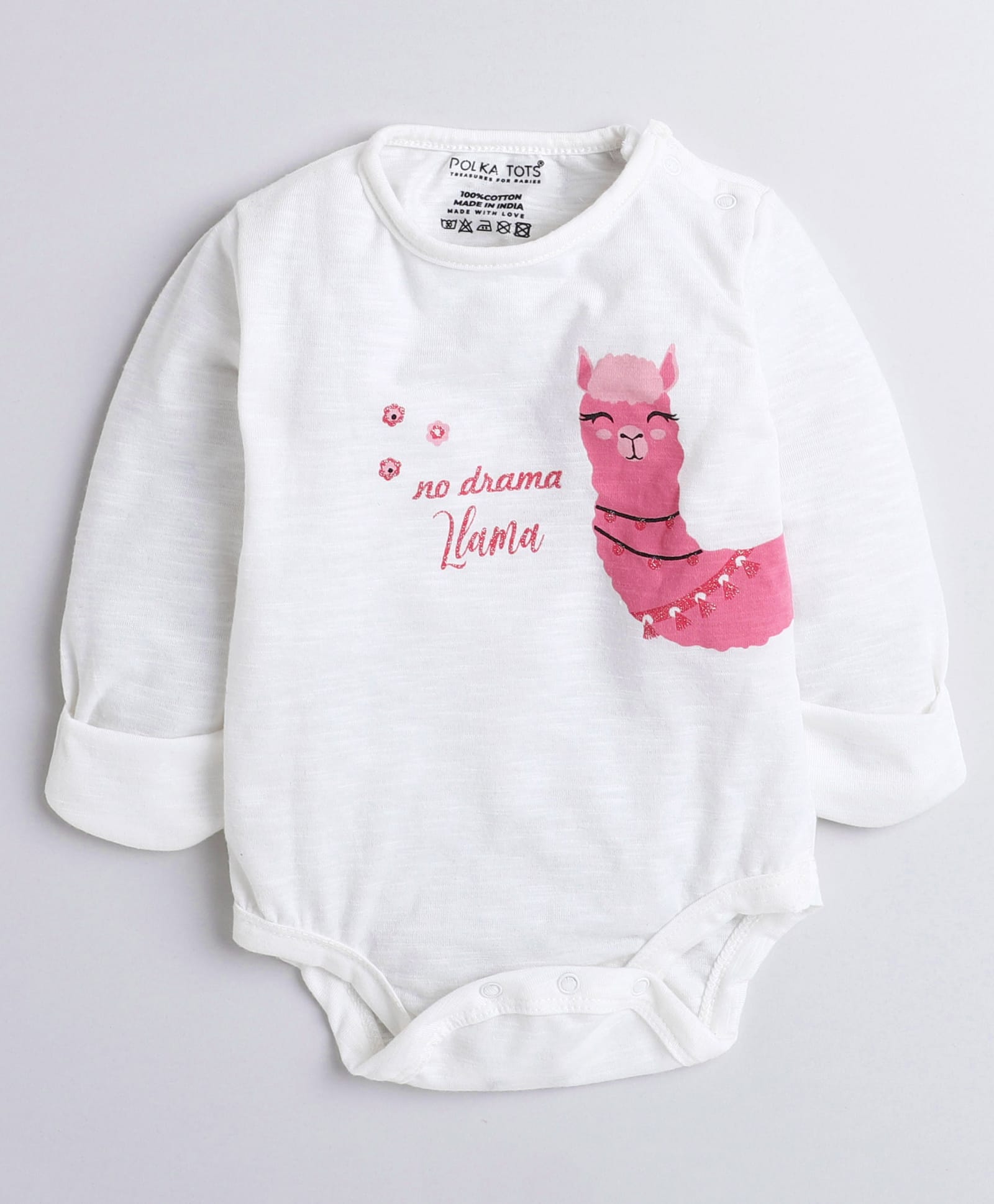Polka Tots Cotton Woven Full Sleeves No Drama Llama Text Printed Onesie - White-picture-37