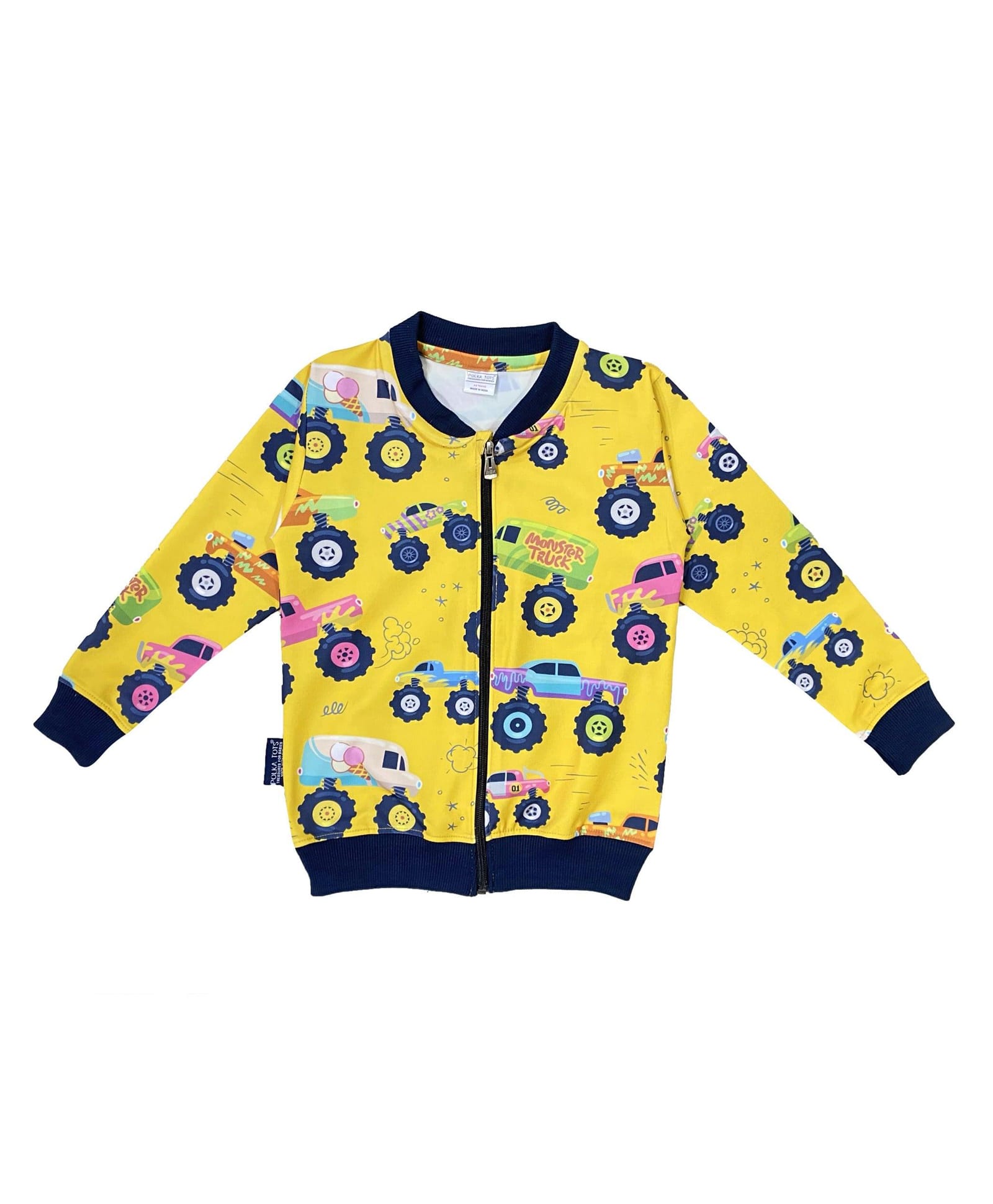 Polka Tots Cotton Woven Full Sleeves Monster Truck Printed Jacket - Yellow-image-25