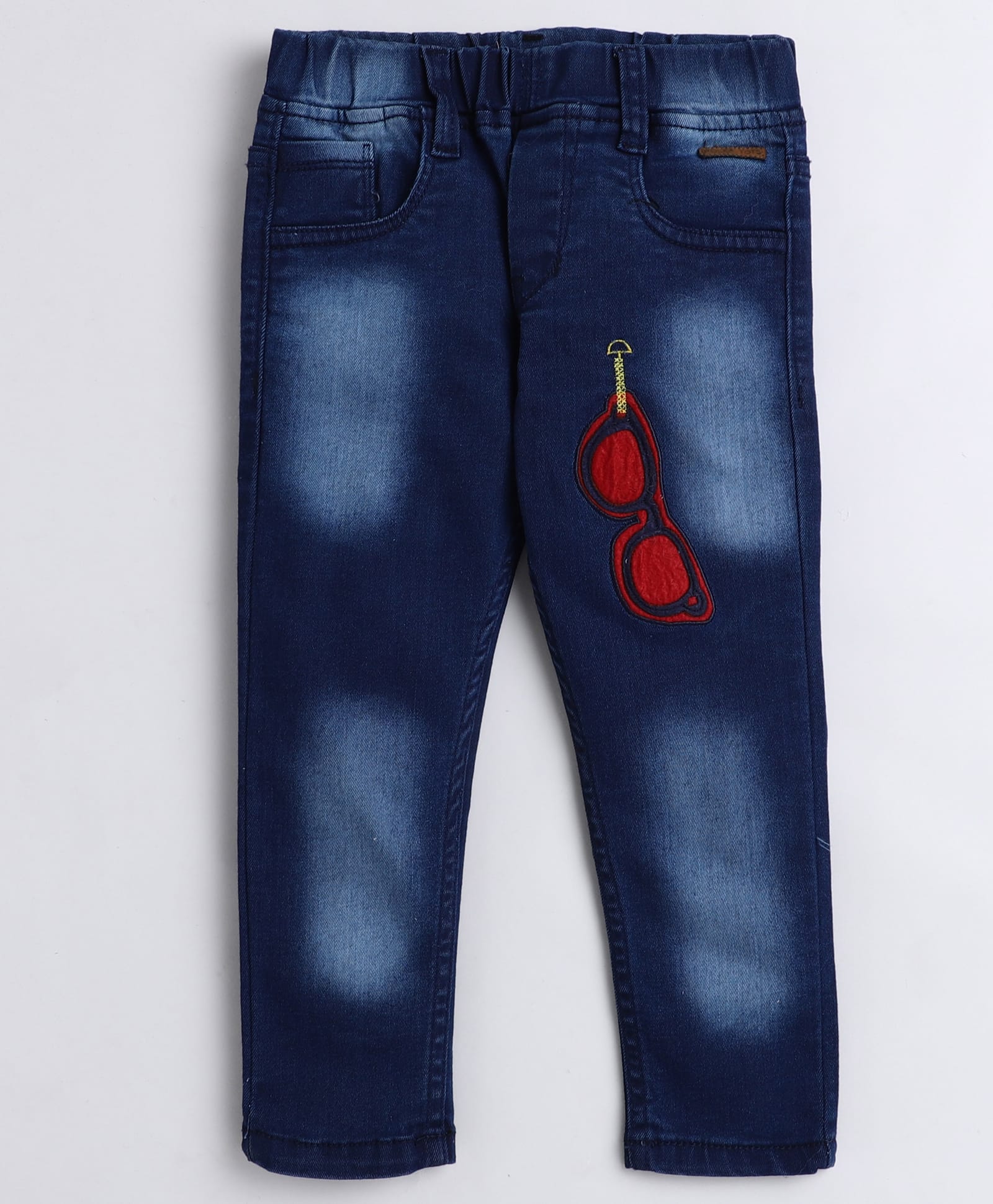 Polka Tots Cotton Woven Sunglasses Patch Detailed Washed Jeans - Blue-picture-16