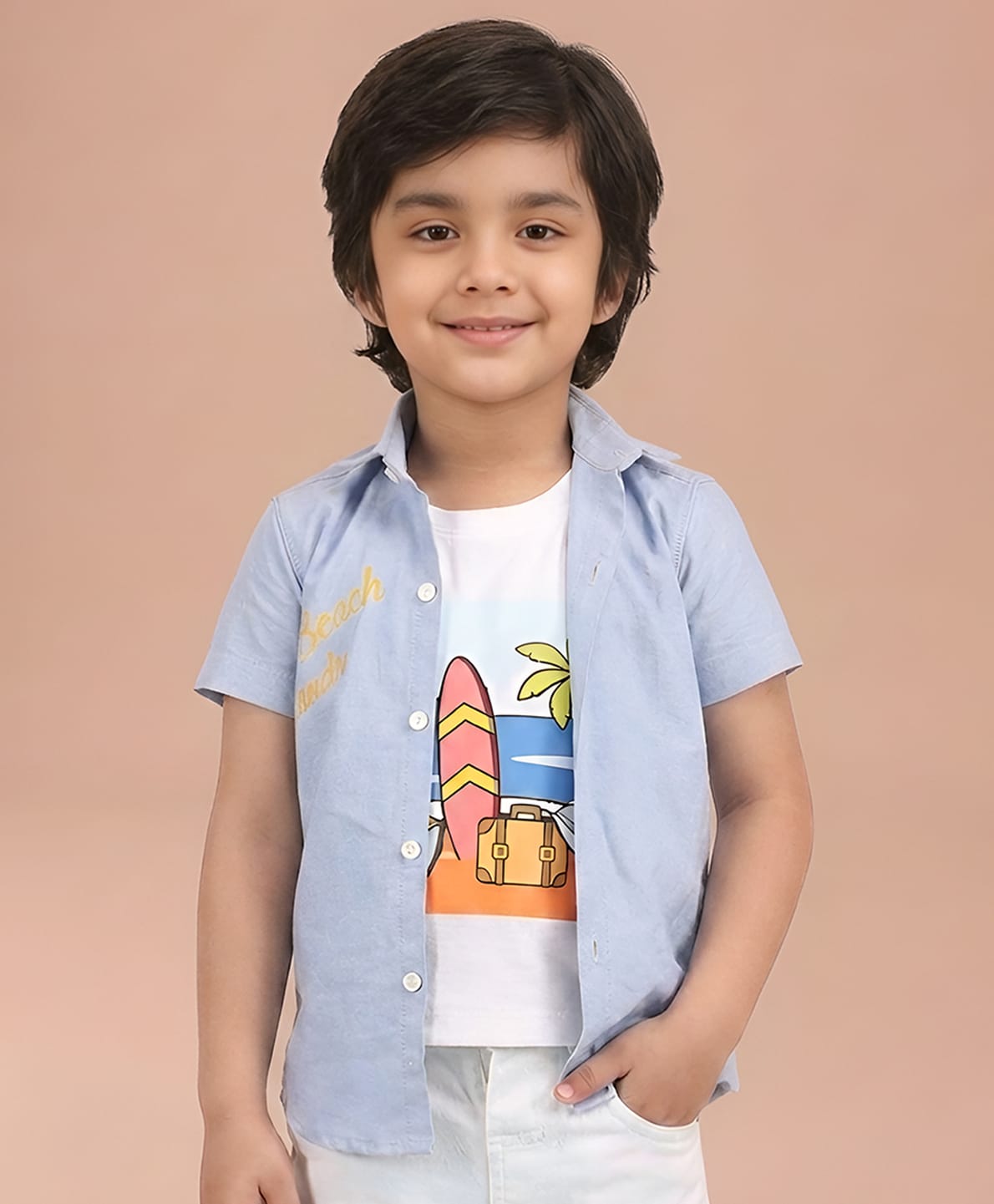 Polka Tots Cotton Woven Half Sleeves Beach Bandy Text Printed Shirt With Attached Tee - Blue-picture-21