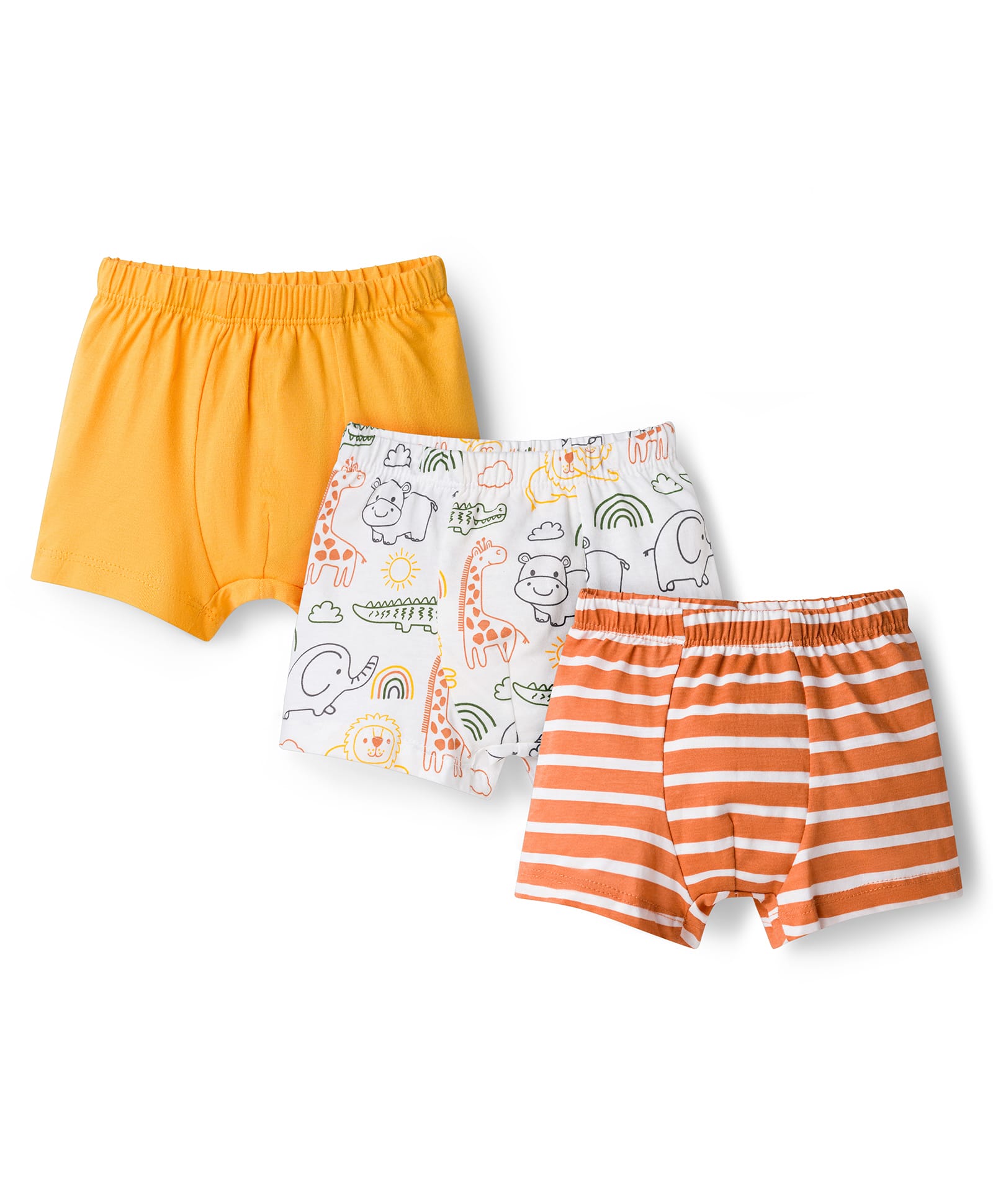 Babyhug 100% Cotton Single Jersey Knit Trunks With Jungle Theme Print Pack of 3 - Yellow White & Orange-image-47