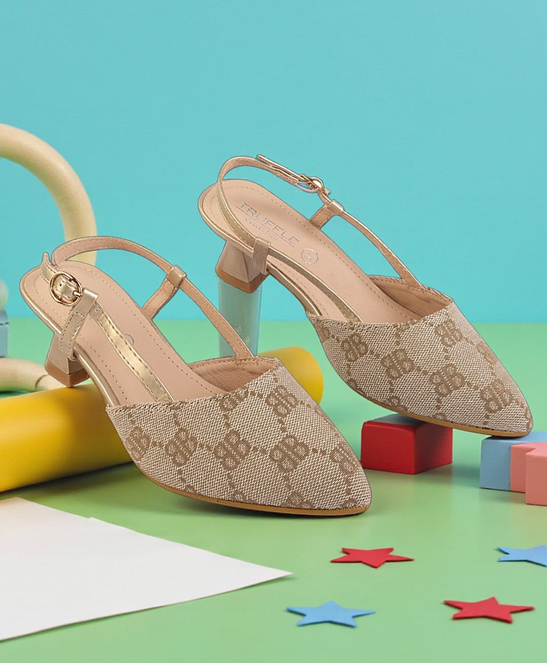TRUFFLE COLLECTION Typography Designed Buckle Closure Kitten Heel Sandals - Gold-image-49