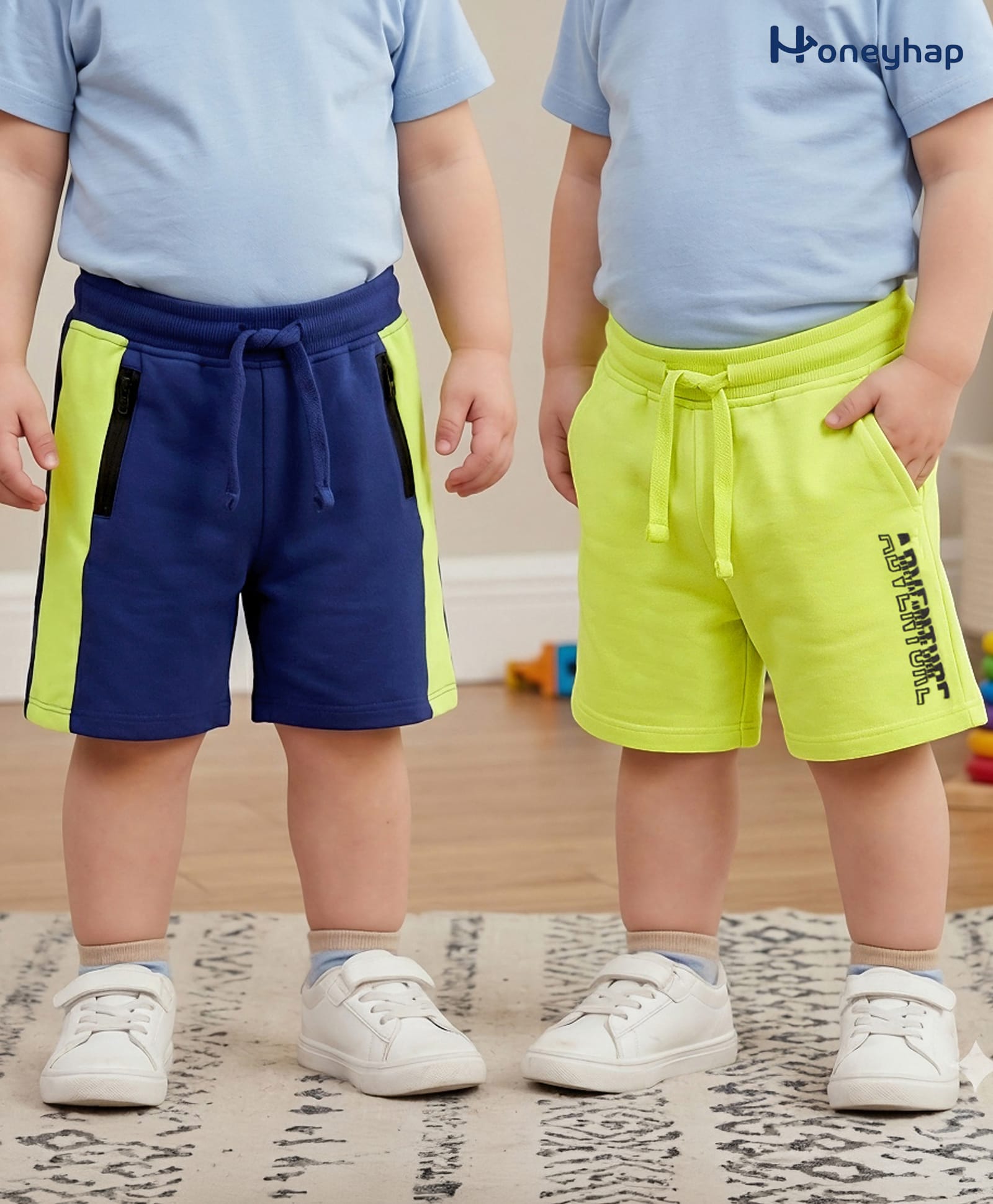 Honeyhap Premium 100% Cotton Knit Shorts With Bio Finish & Text Print Pack of 2 - Limoges & Wild Lime-image-32