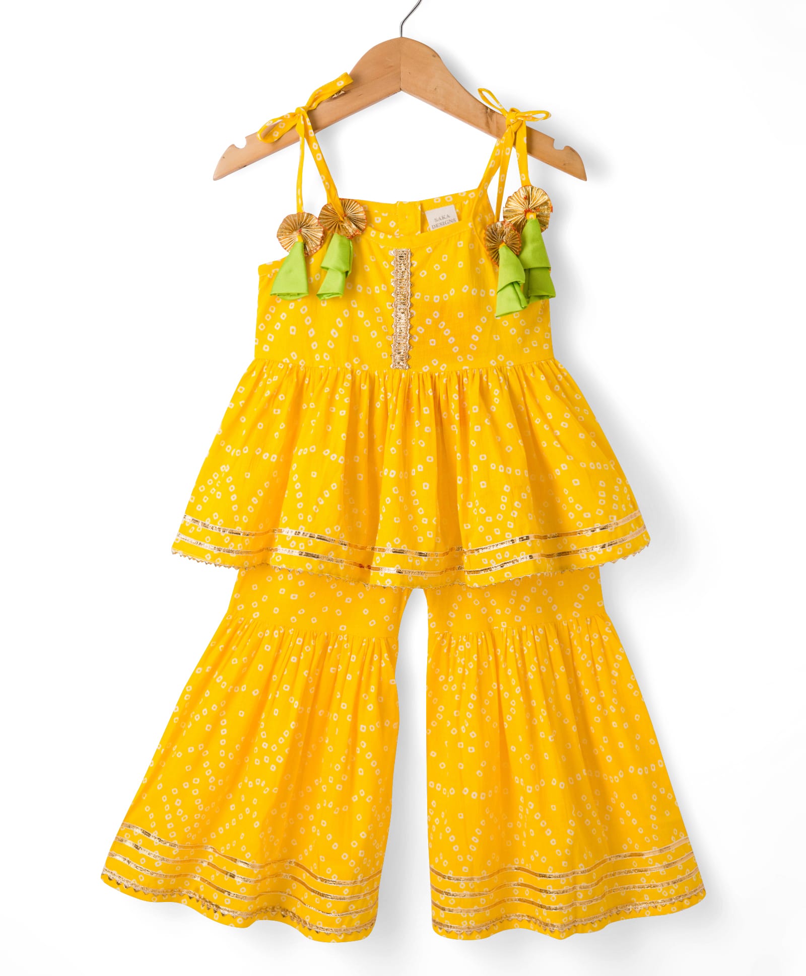 Saka Designs Cotton Woven Sleeveless Kurta & Gharara Set With Bhandani Print - Yellow-image-30