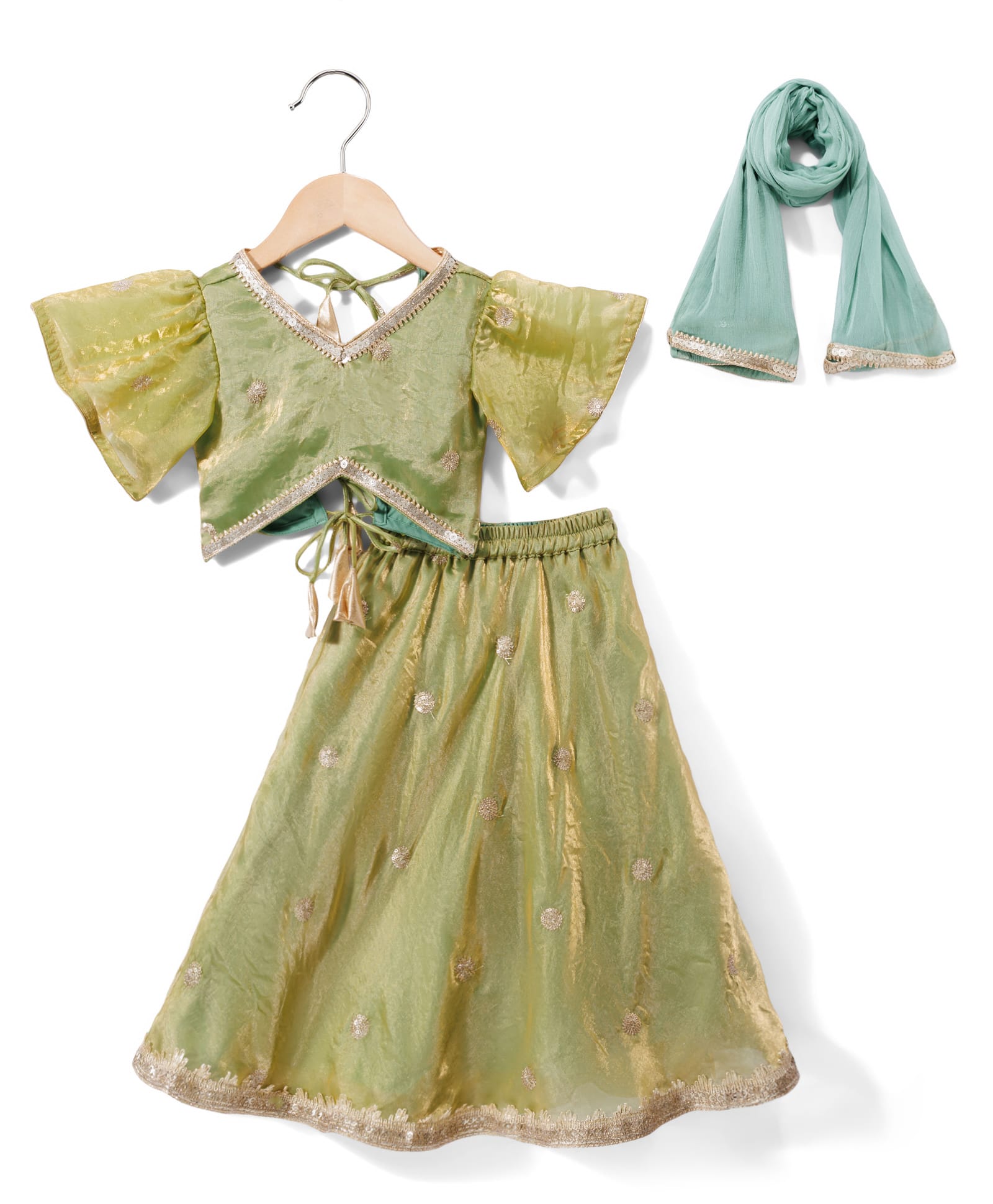 Saka Designs Organaza Woven Half Flutter Sleeves Floral Sequinned Choli & Lehenga Set With Dupatta - Olive Green-image-10
