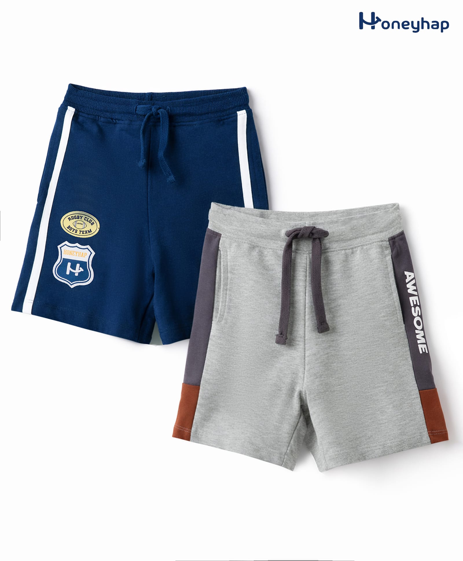 Honeyhap Premium 100% Cotton Knit With Bio Finish Shorts with Text Print Pack of 2 - Navy Peony & White Melange-picture-14