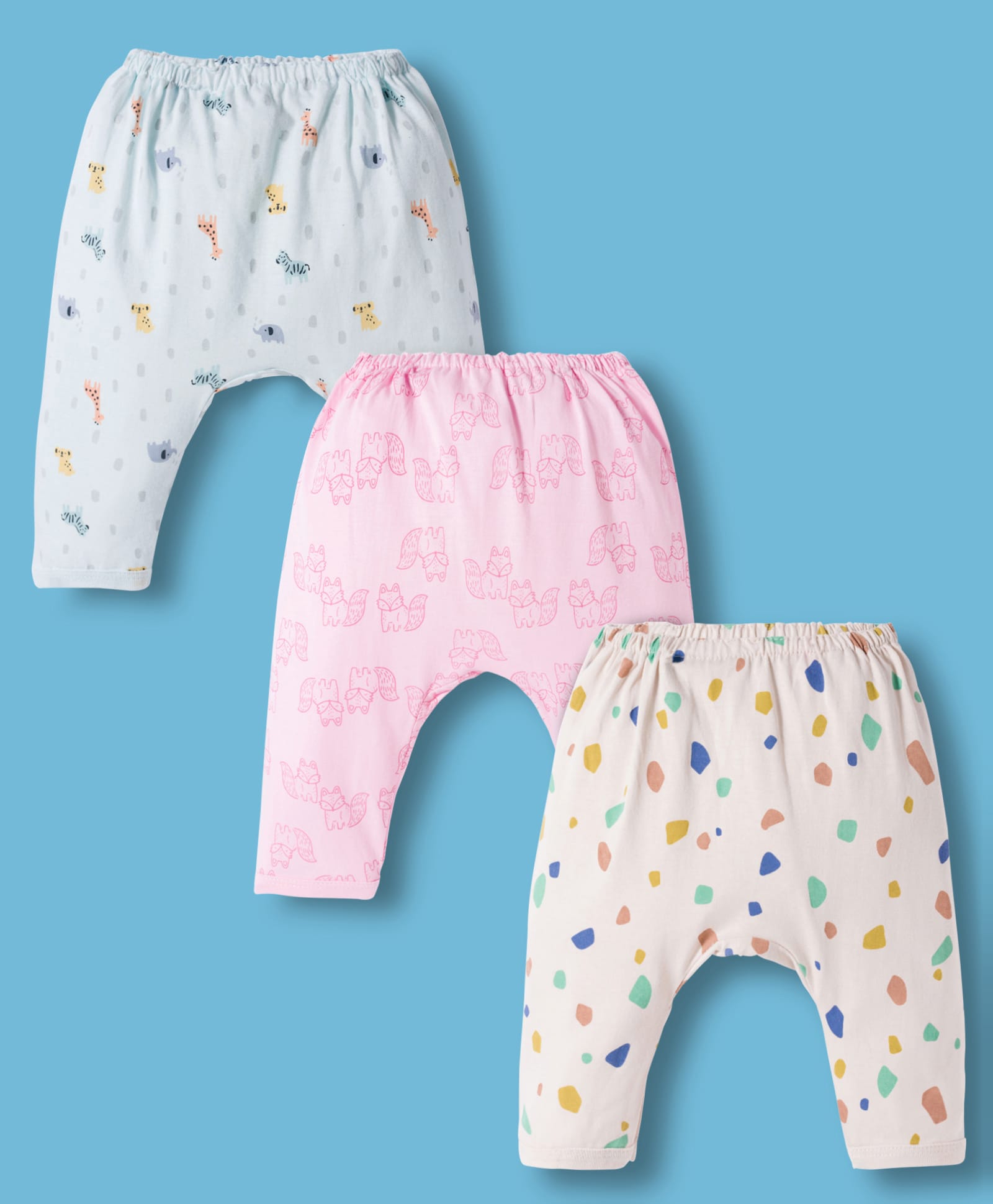 Pink Rabbit Single Jersey Knit Full Length Diaper Leggings with Giraffe & Zebra Print Pack of 3 - Tan Light Pink & Light Blue-image-39