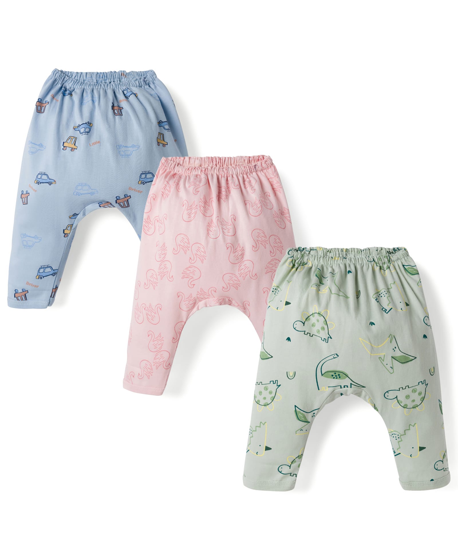 Pink Rabbit Single Jersey Knit Full Length Diaper Leggings With Duck Turtle & Car Print Pack of 3 - Light Blue Light Peach & Light Green-picture-12