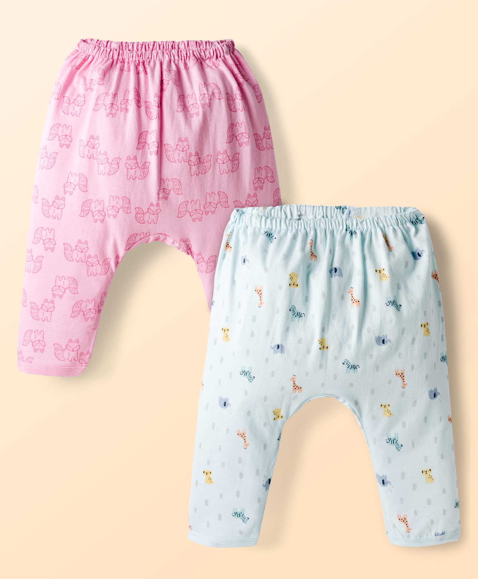 Pink Rabbit Single Jersey Knit Full Length Diaper Leggings With Animal Print Pack Of 2 - Pink & Light Blue