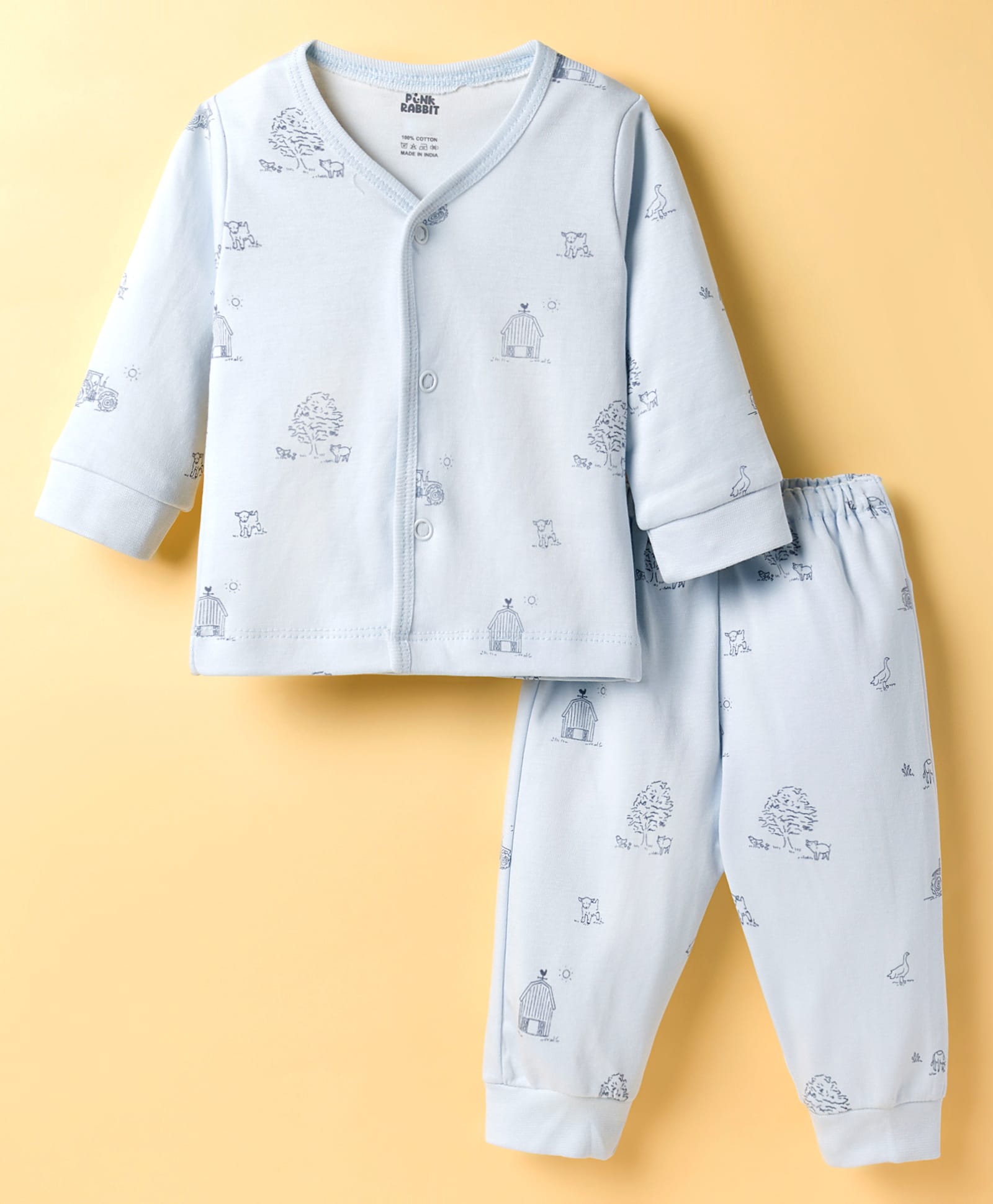 Pink Rabbit Single Jersey Knit Full Sleeves Co-ords Night Suit With House Print - Aqua-picture-21