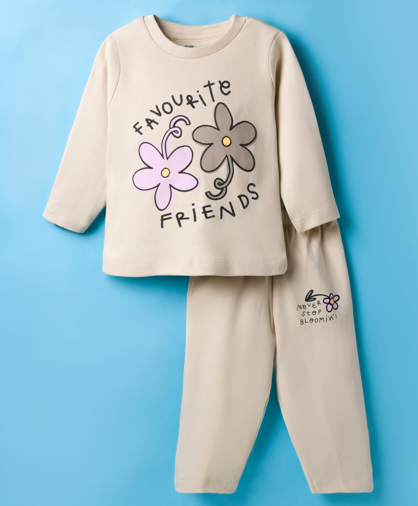 Pink Rabbit Single Jersey Knit Full Sleeves T-Shirt & Lounge Pant Set With Floral Print - Cream-image-15