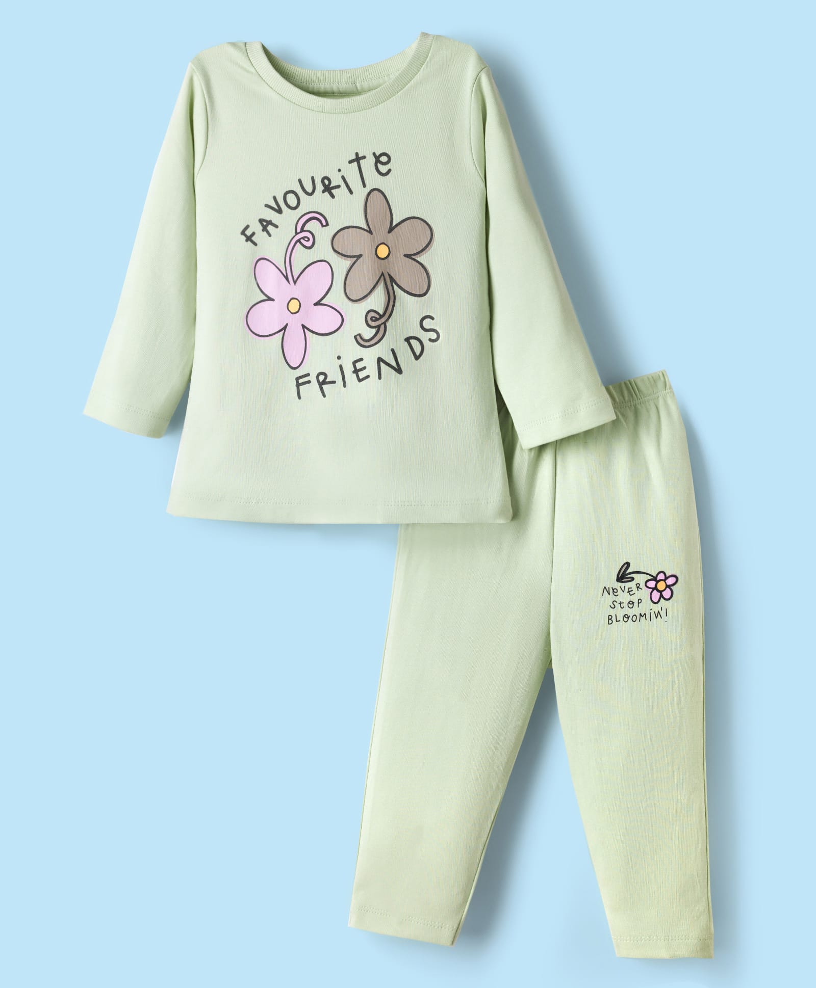 Pink Rabbit Single Jersey Knit Full Sleeves T-Shirt & Lounge Pant Set With Floral Print - Light Green-picture-19