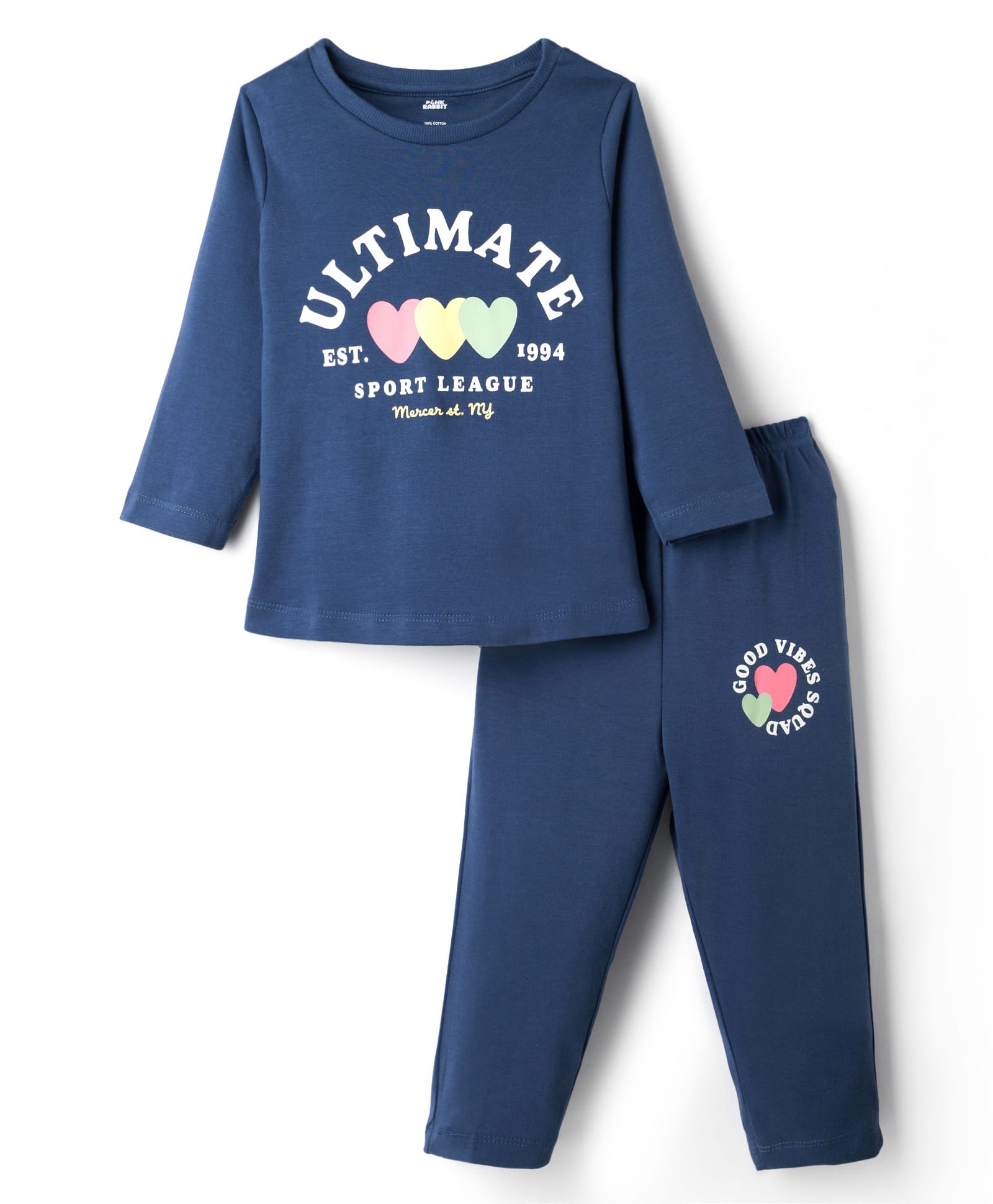 Pink Rabbit Single Jersey Knit Full Sleeves T-Shirt & Lounge Pant Set With Heart Print - Navy Blue-image-36