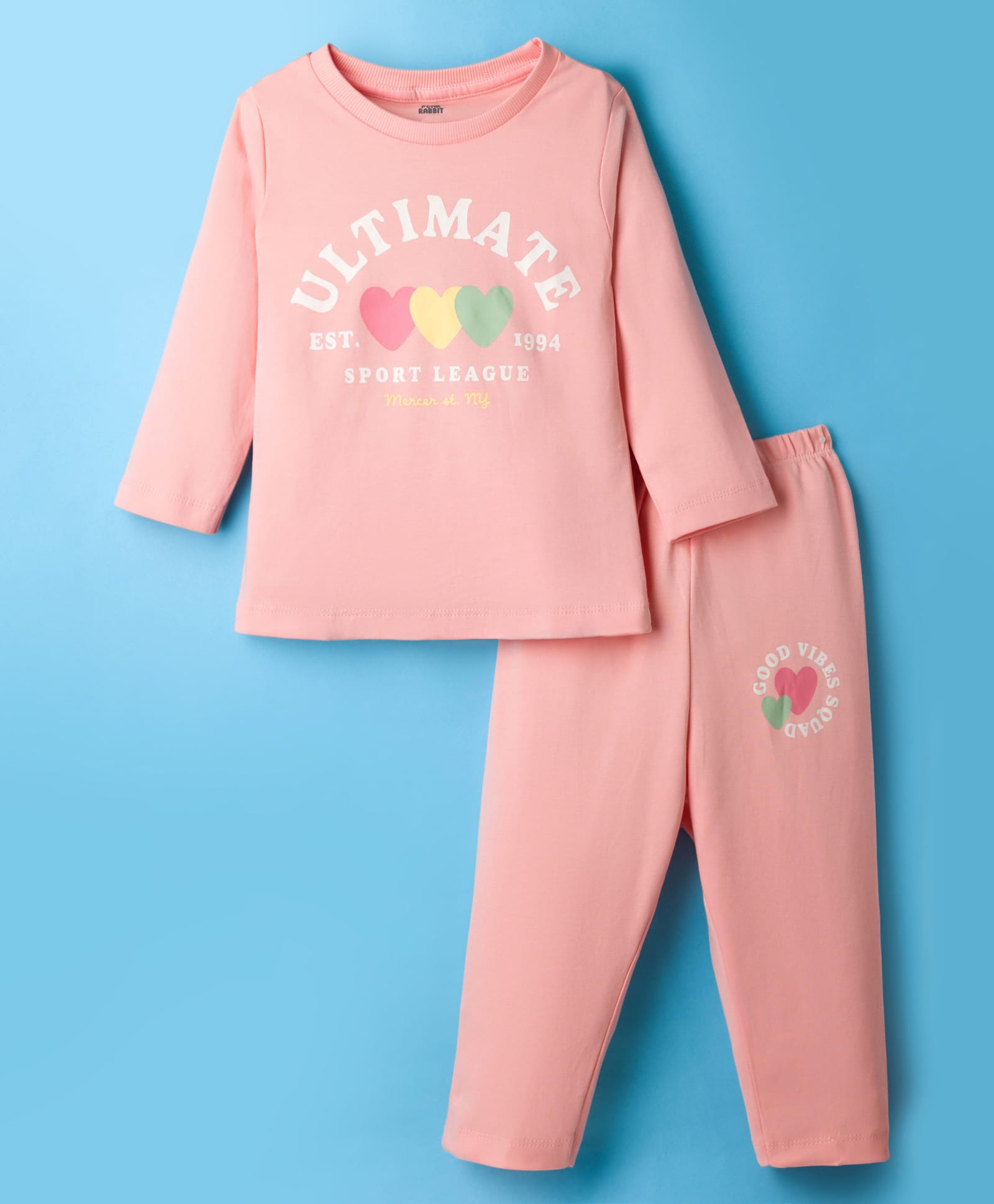 Pink Rabbit Single Jersey Knit Full Sleeves T-Shirt & Lounge Pant Set With Heart Print - Peach-picture-12