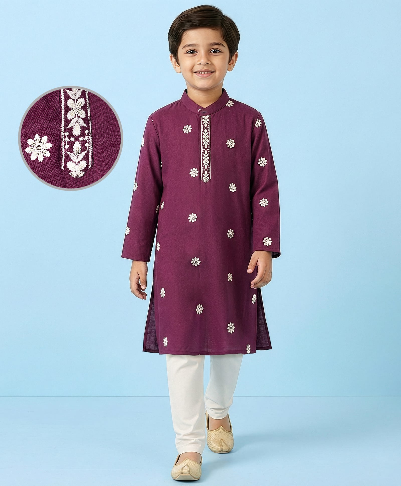 EARTHY TOUCH Viscose Rayon Woven Full Sleeves Kurta Pajama Set With Floral Embroidery - Purple-image-46