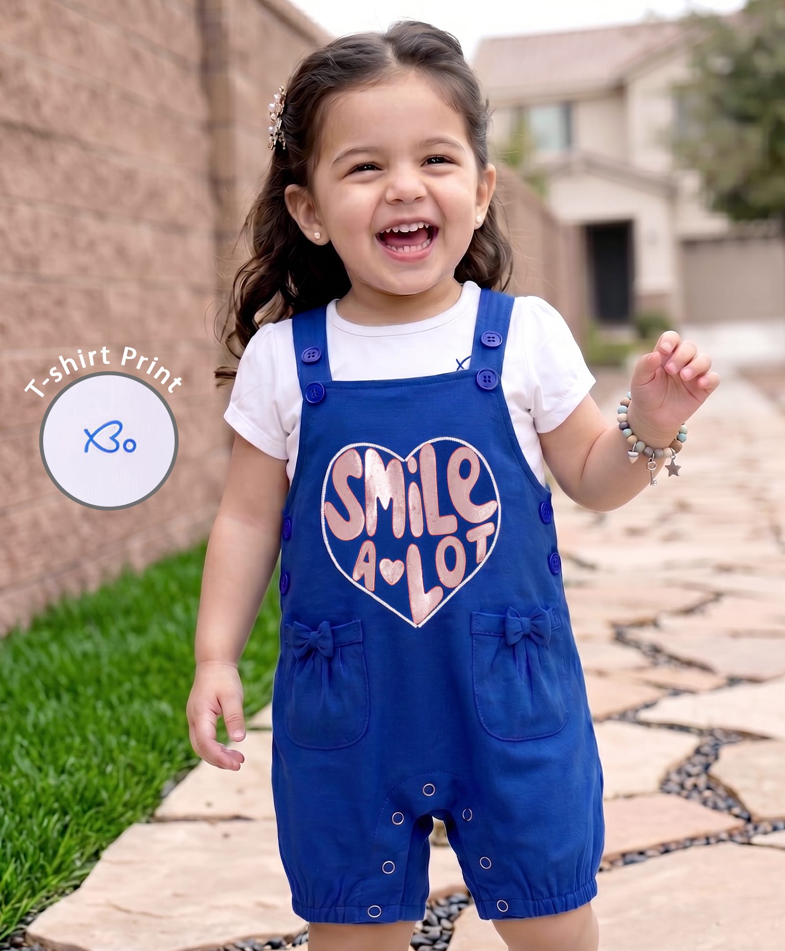 Babyoye 100% Cotton Eco Conscious Dungaree & Half Sleeves T-Shirt With Eco Jiva Finish & Text Print - Navy Blue & White-image-11