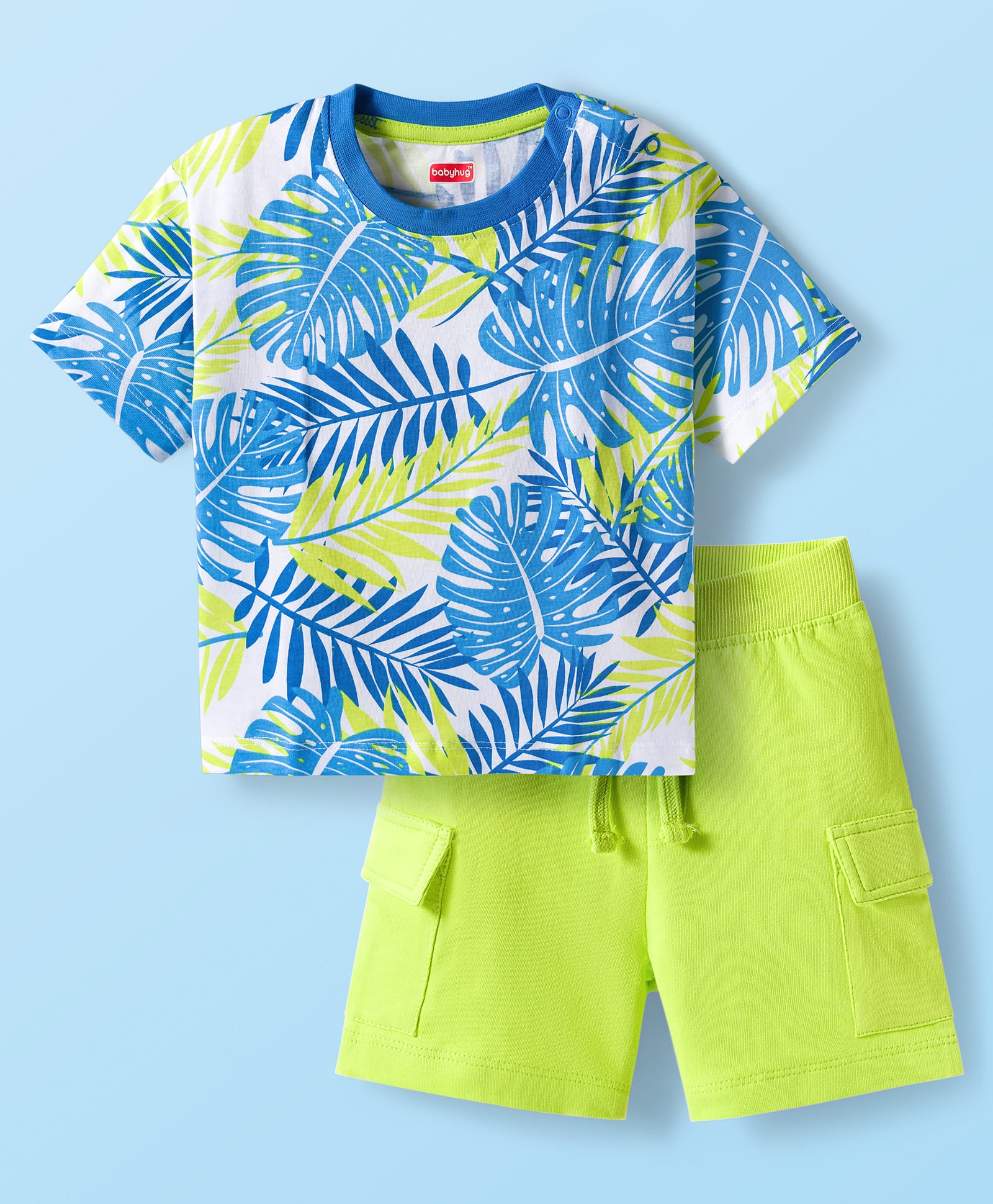Babyhug Single Jersey Knit Half Sleeves T-Shirt & Shorts Set with Leaf Print - Light Green-picture-37