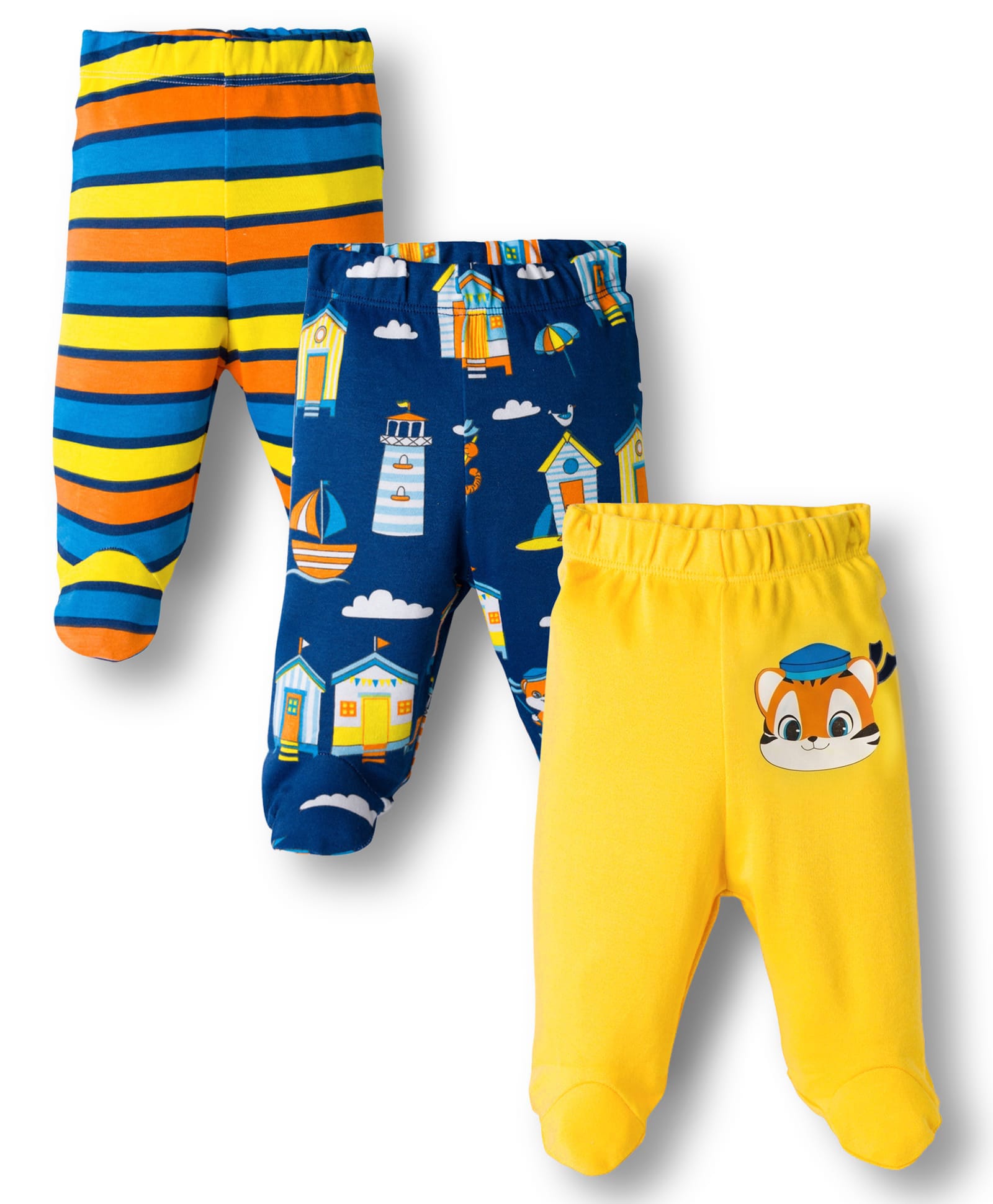 Babyhug Cotton Knit Full Length Bootie Leggings With Nautical Theme Print Pack Of 3 - Yellow & Navy Blue-image-11