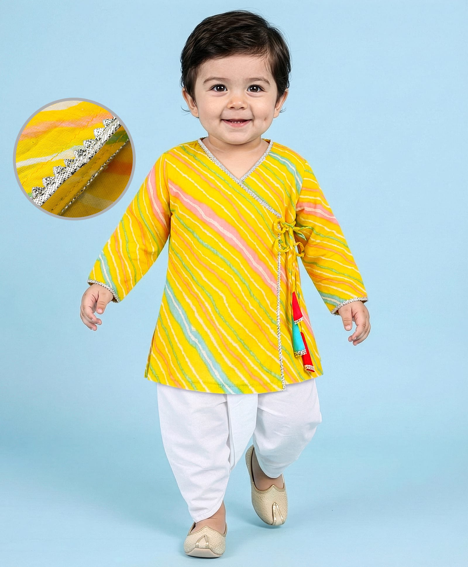 Teentaare Cotton Woven Full Sleeves Striped Kurta Dhoti Set - Yellow-image-10