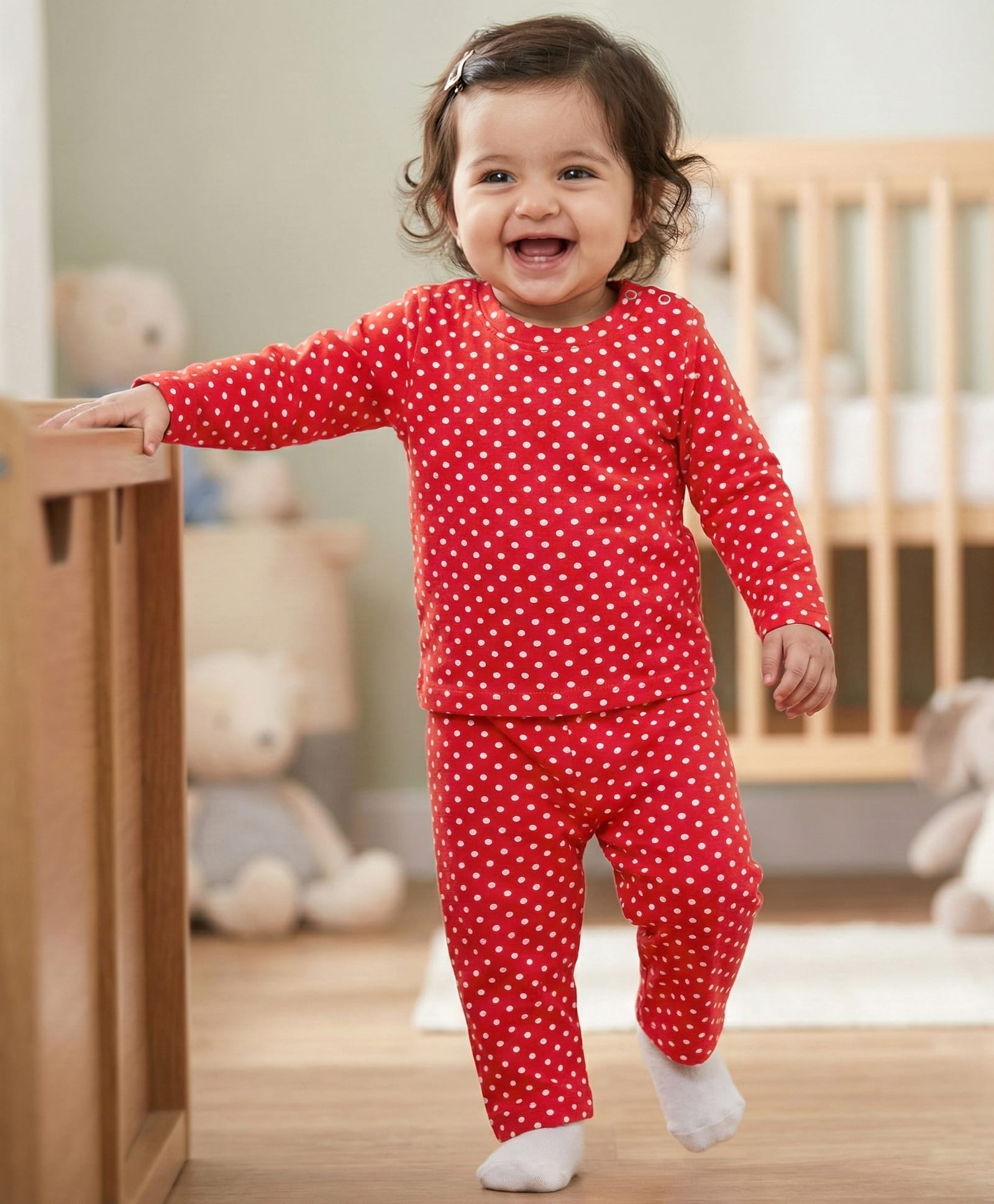 Babyhug Cotton Knit Full Sleeves Co-ords Night Suit With Polka Dot Print - Red-picture-27