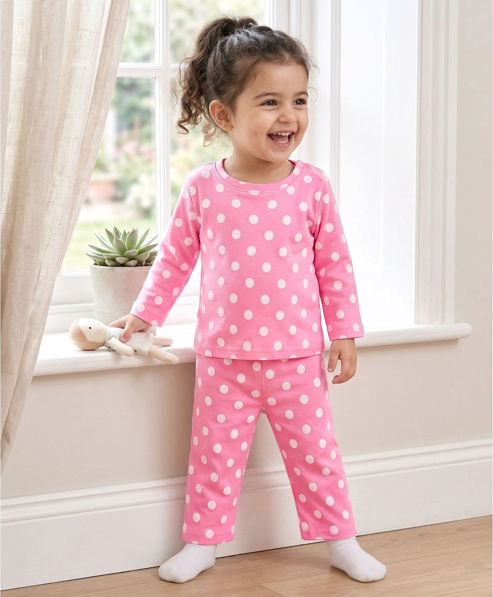 Babyhug Cotton Knit Full Sleeves T-Shirt & Pyjama Co-ord Night Suit With Polka Dot Print - Pink-image-35