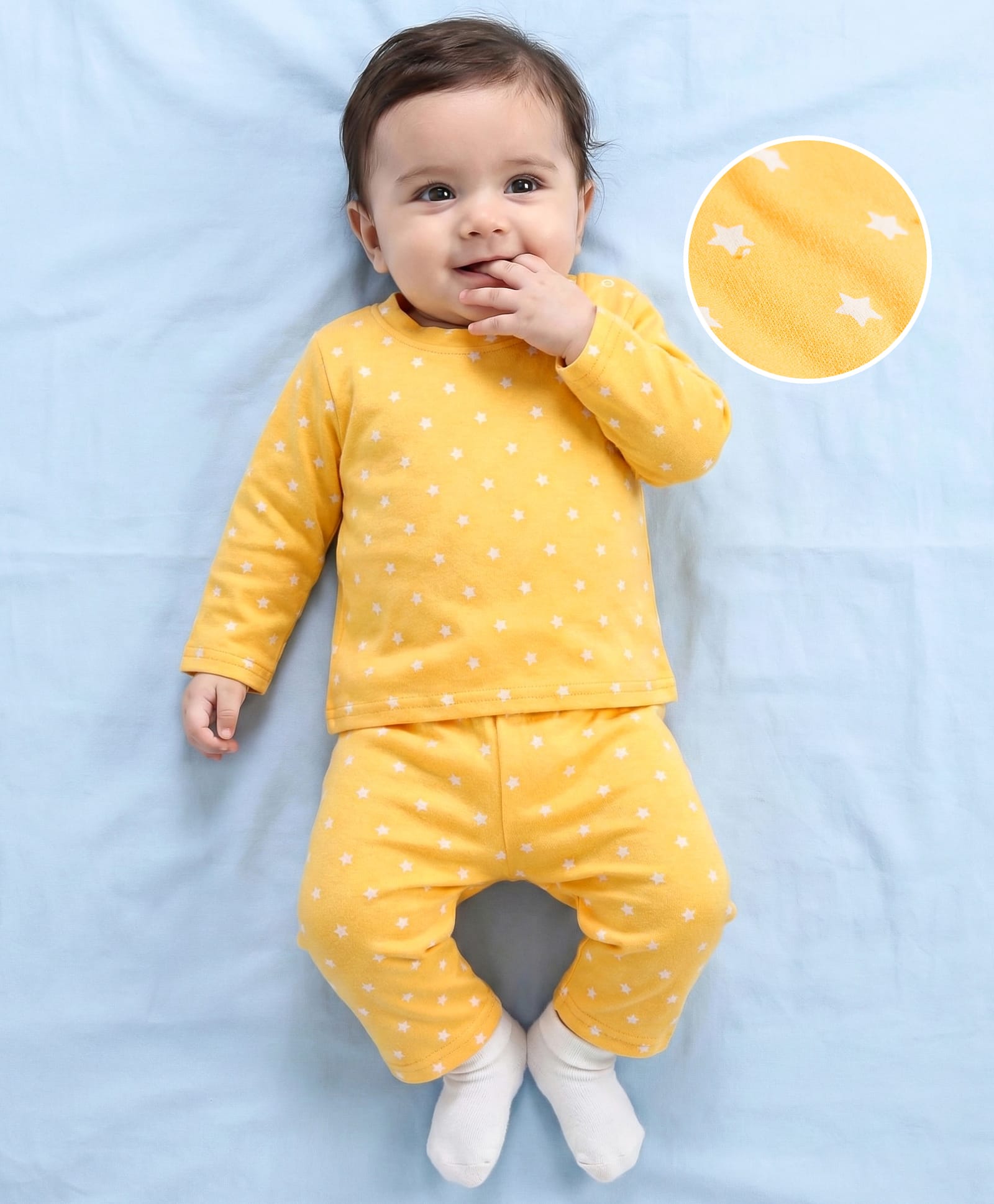 Babyhug Cotton Knit Full Sleeves T-Shirt & Pyjama Co-ord Night Suit With Star Print - Yellow-picture-13