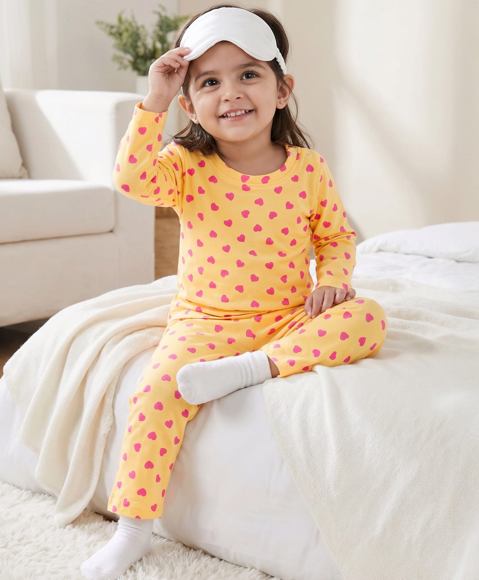 Babyhug Cotton Knit Full Sleeves T-Shirt & Pyjama Co-ord Night Suit With Heart Print - Yellow-picture-16