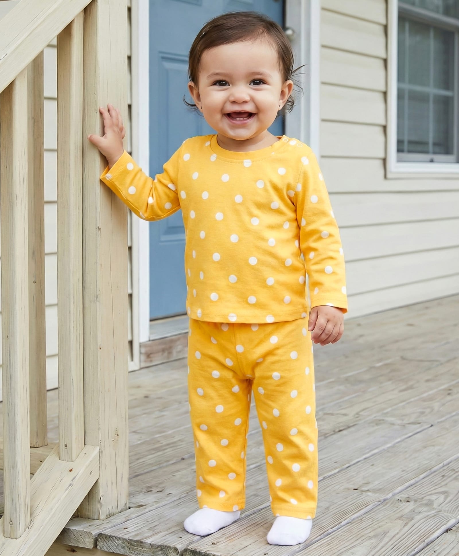 Babyhug Cotton Knit Full Sleeves T-Shirt & Pyjama Co-ord Night Suit With Polka Dot Print - Yellow-picture-14