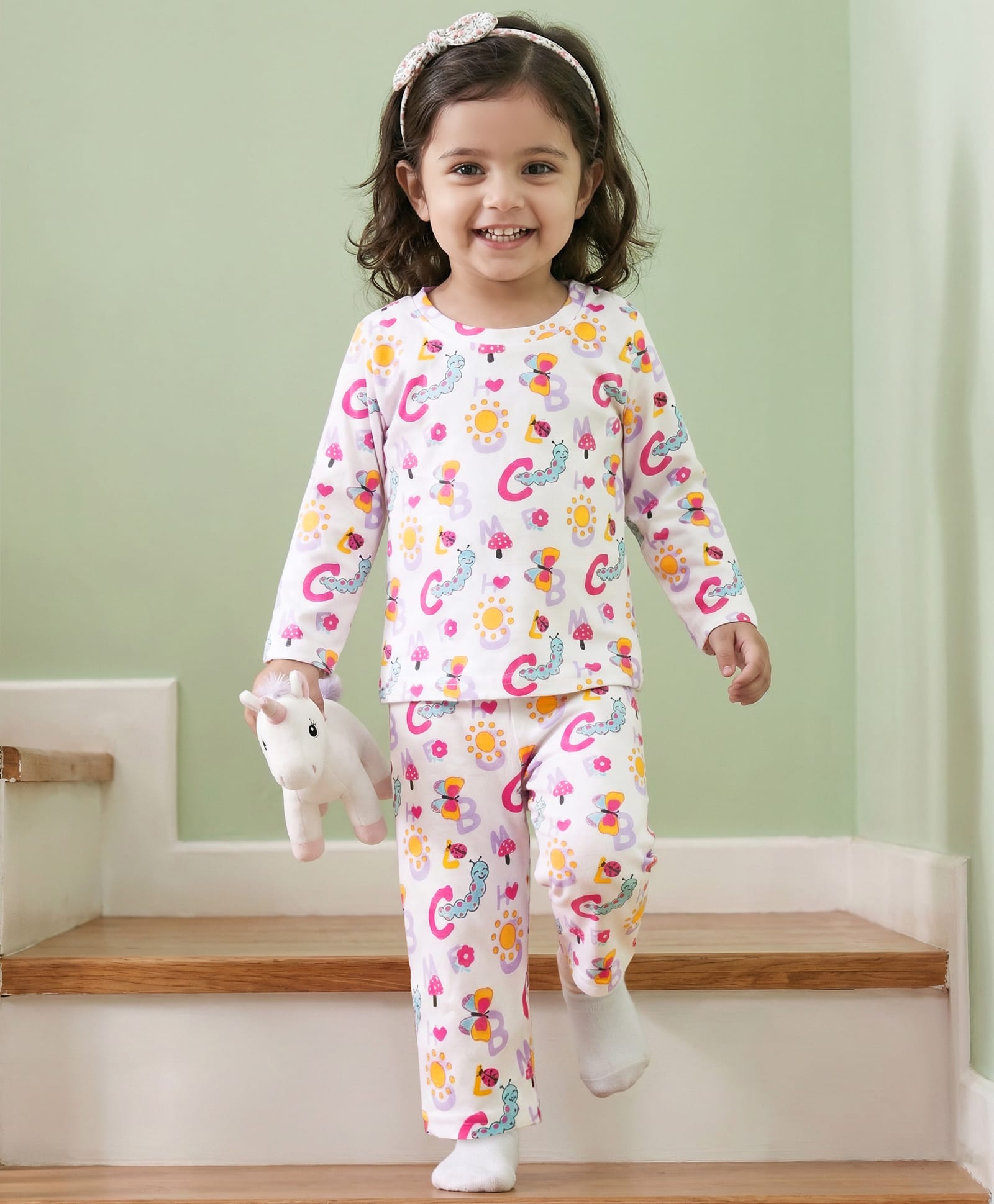 Babyhug Cotton Knit Full Sleeves T-Shirt & Pyjama Co-ord Night Suit With Ladybug & Caterpillar Print - White-image-5