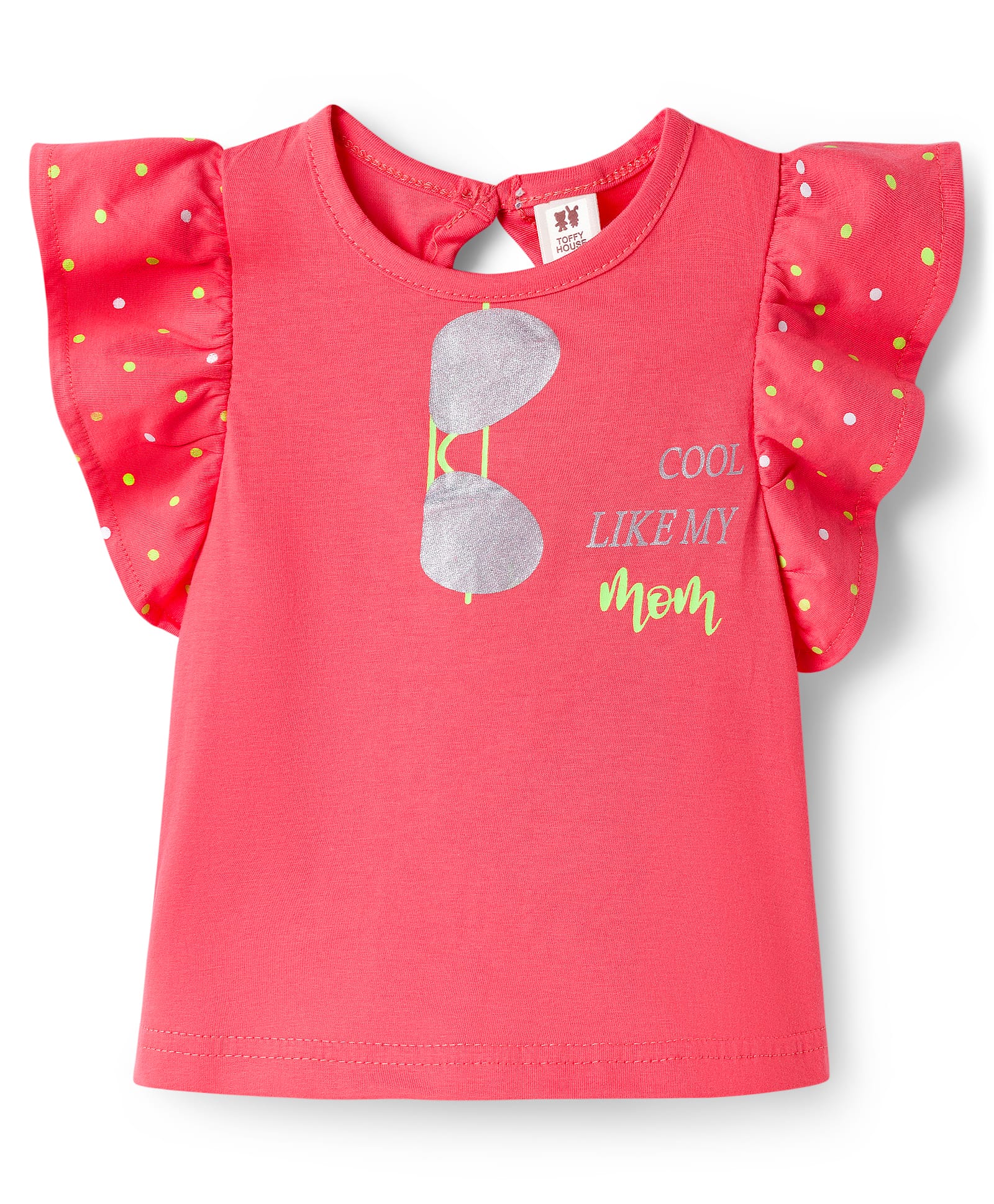 ToffyHouse 100% Super Combed Cotton Knit Half Sleeves Top with Sunglasses & Polka Dot Print - Dark Peach-image-5