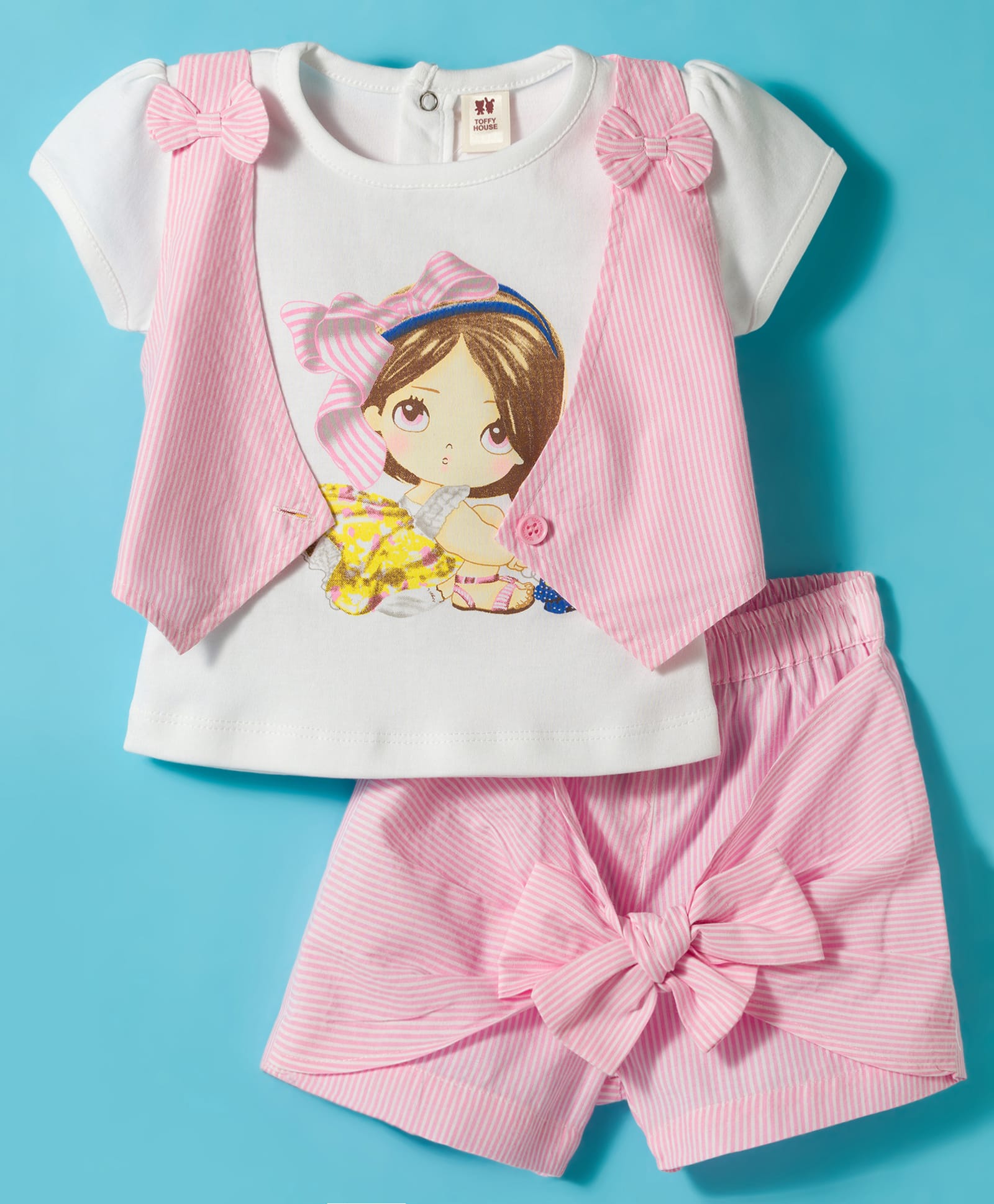 ToffyHouse Cotton Knit Half Sleeves Printed Top & Striped Shorts with Jacket & Bow Applique - Baby Pink-image-16
