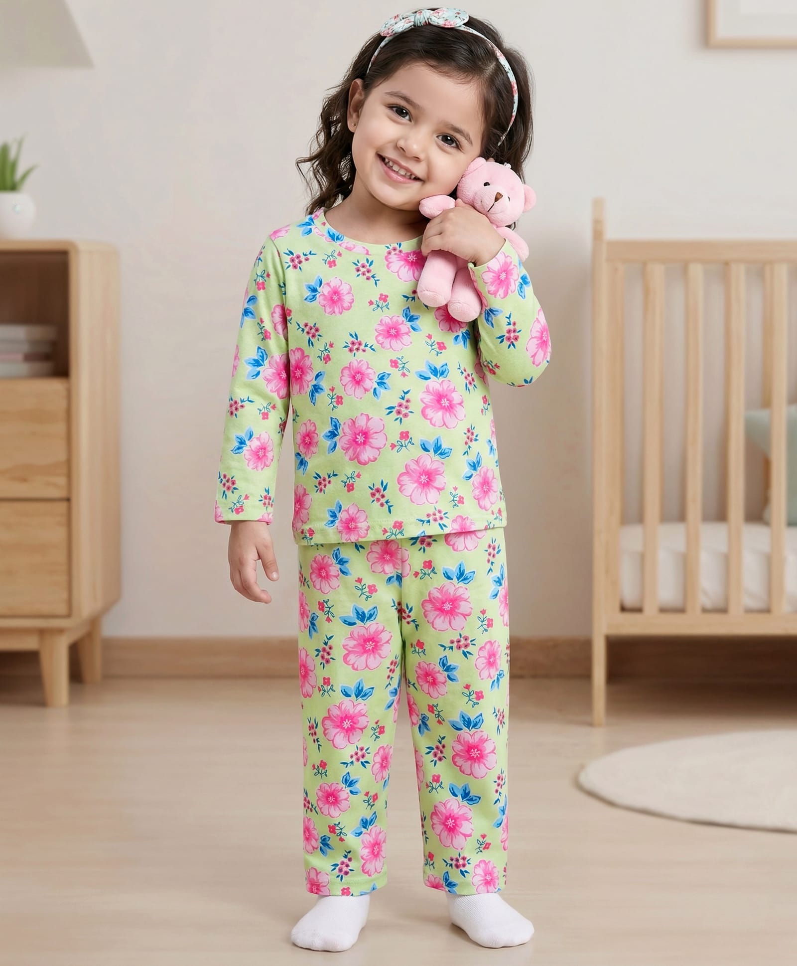 Babyhug Cotton Knit Full Sleeves T-Shirt & Pyjama Co-ord Night Suit With Floral Print - Light Green-picture-22