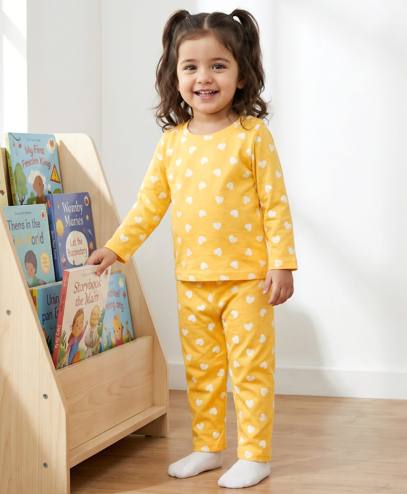 Babyhug Cotton Knit Full Sleeves T-Shirt & Pyjama Co-ord Night Suit With Heart Print - Yellow-image-32