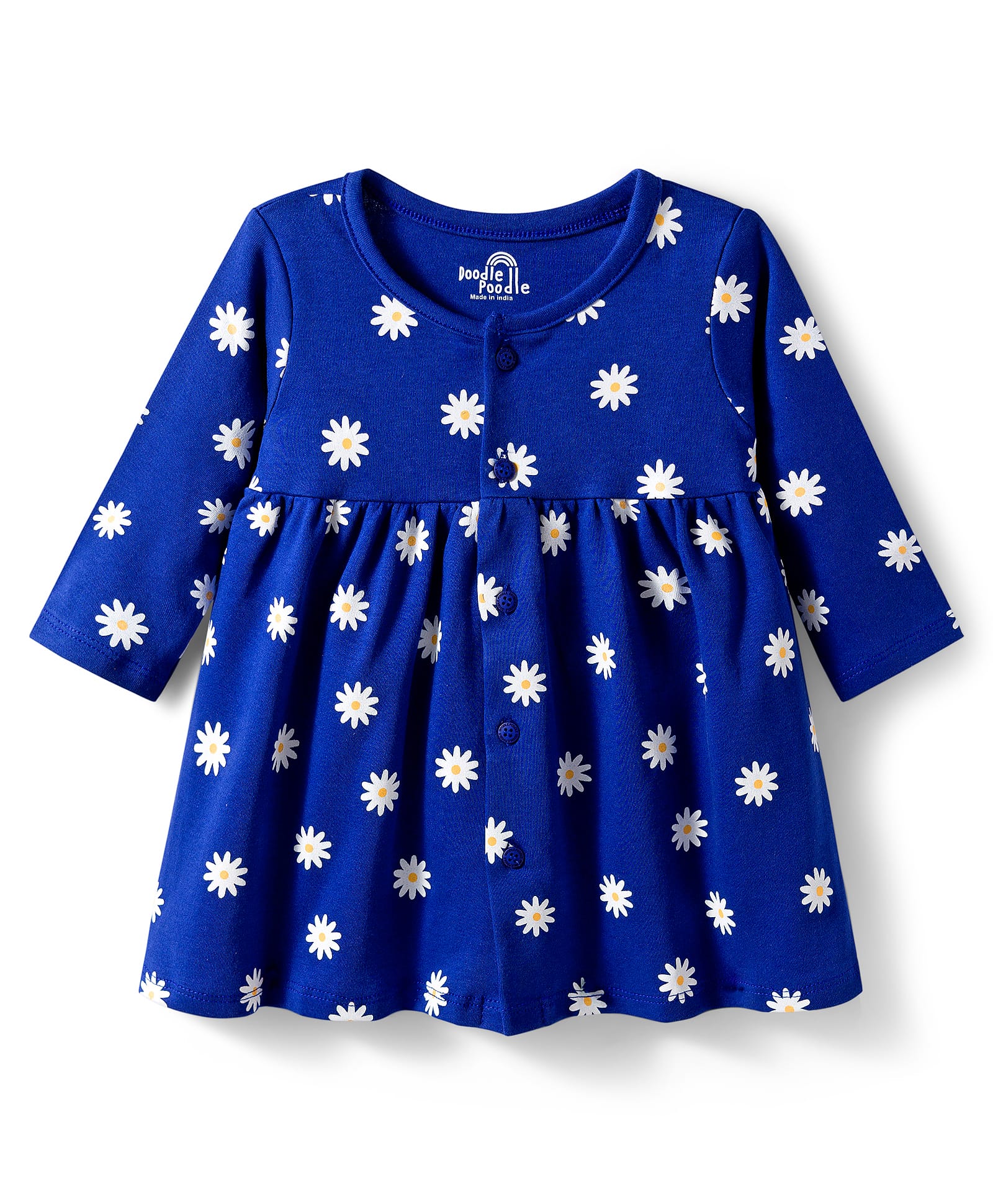 Doodle Poodle 100% Cotton Interlock Knit Full Sleeves Frock with Floral Print - Navy Blue