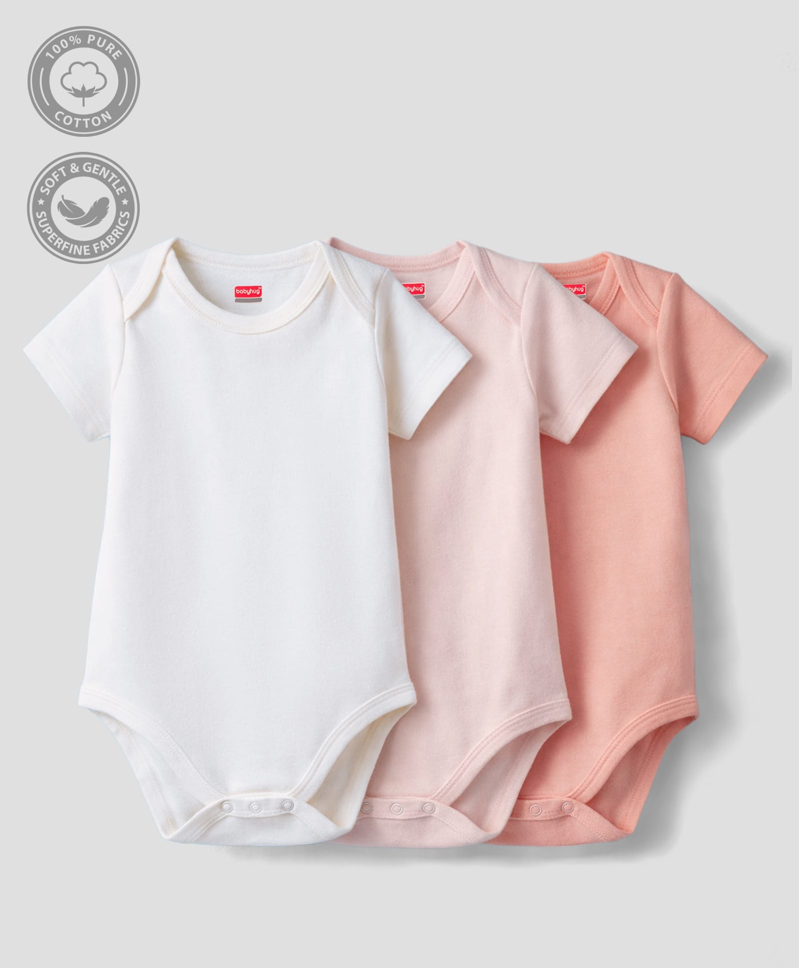 Babyhug 100% Pure Superfine Cotton Knit Half Sleeves Solid Onesies Pack of 3 - Multicolor