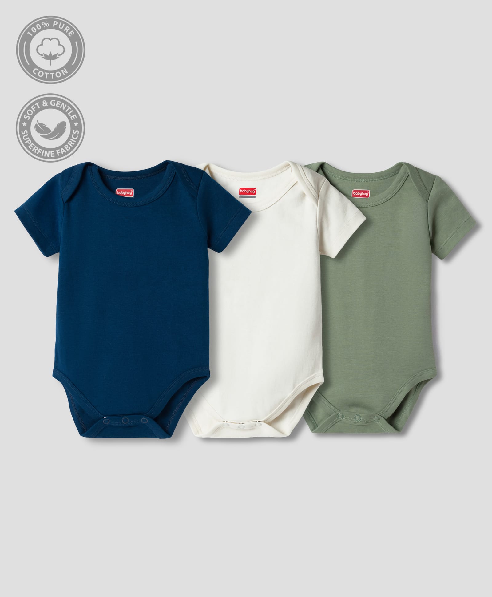 Babyhug 100% Pure Superfine Cotton Knit Half Sleeves Solid Onesies Pack of 3 - Multicolor
