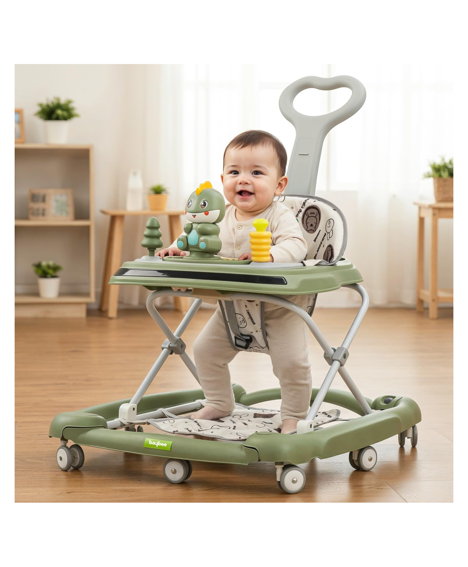 Baybee 3-in-1 Convertible Baby Walker for 6-18 Months with Rocking Mode, Removable Toy Bar, Music, 3-Level Height Adjustment, Smooth Wheels & Parental Handle | Foldable Infant Activity Walker (Green)