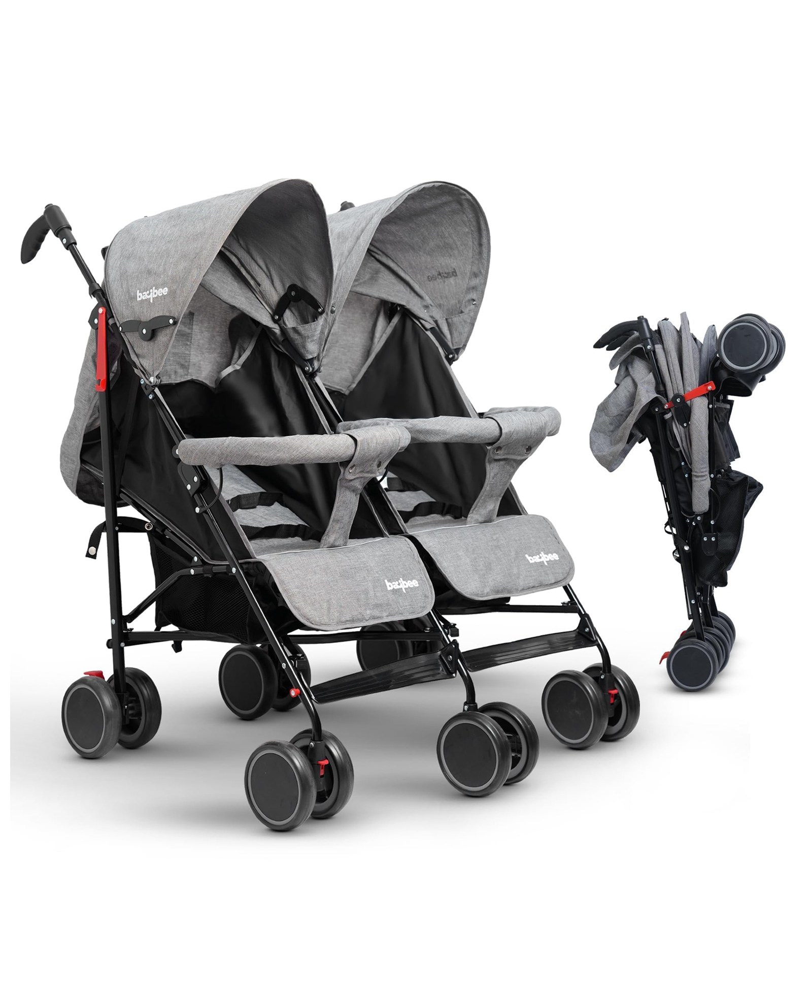 Baybee 2-in-1 Twin Baby Stroller for 0-3 Years | Lightweight Foldable Pram for 0 to 5 Years | Adjustable Canopy, Safety Guardrail, Wheel Lock & Parental Handle | Baby Stroller for Boys & Girls (Grey)