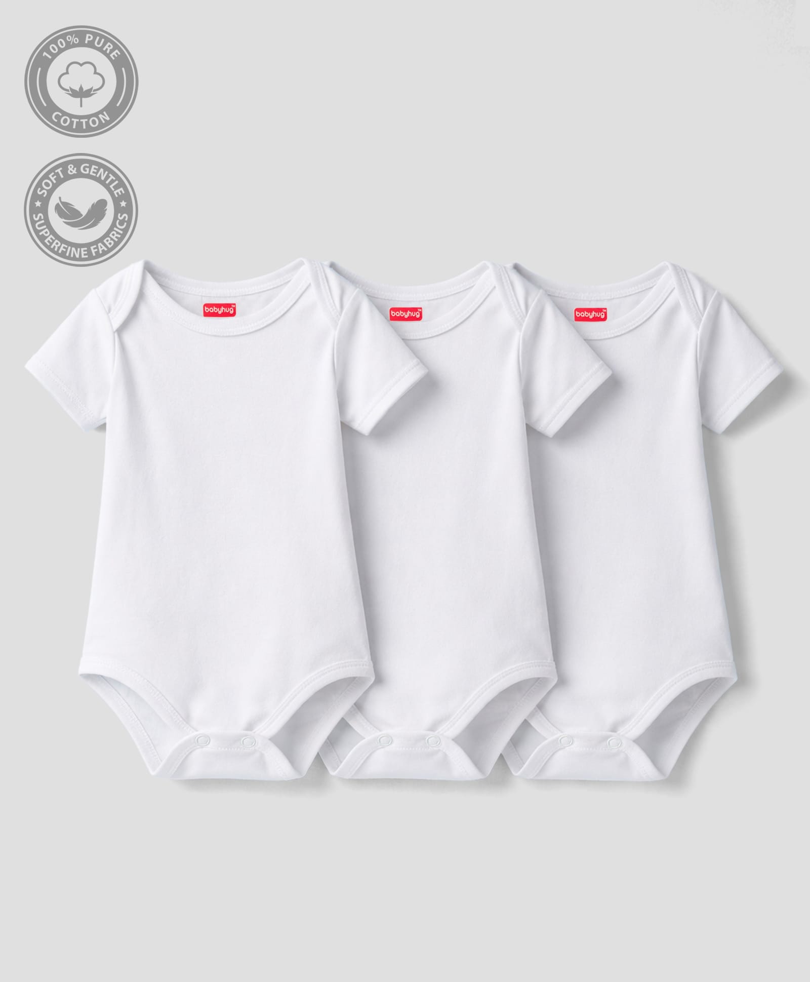 Babyhug 100% Pure Superfine Cotton Knit Half Sleeves Solid Onesies Pack of 3 - White-picture-21