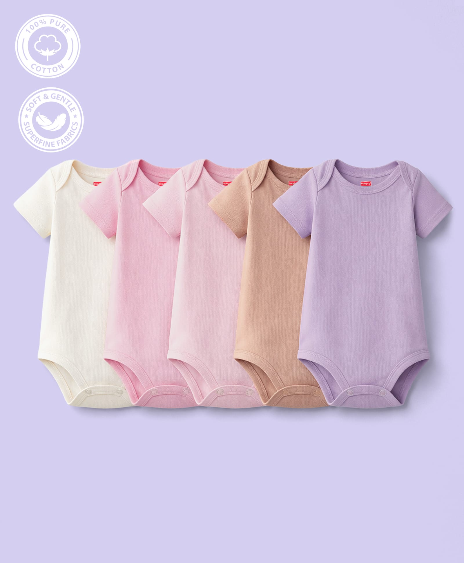 Babyhug 100% Pure Superfine Cotton Knit Half Sleeves Solid Onesies Pack of 5 - Multicolor