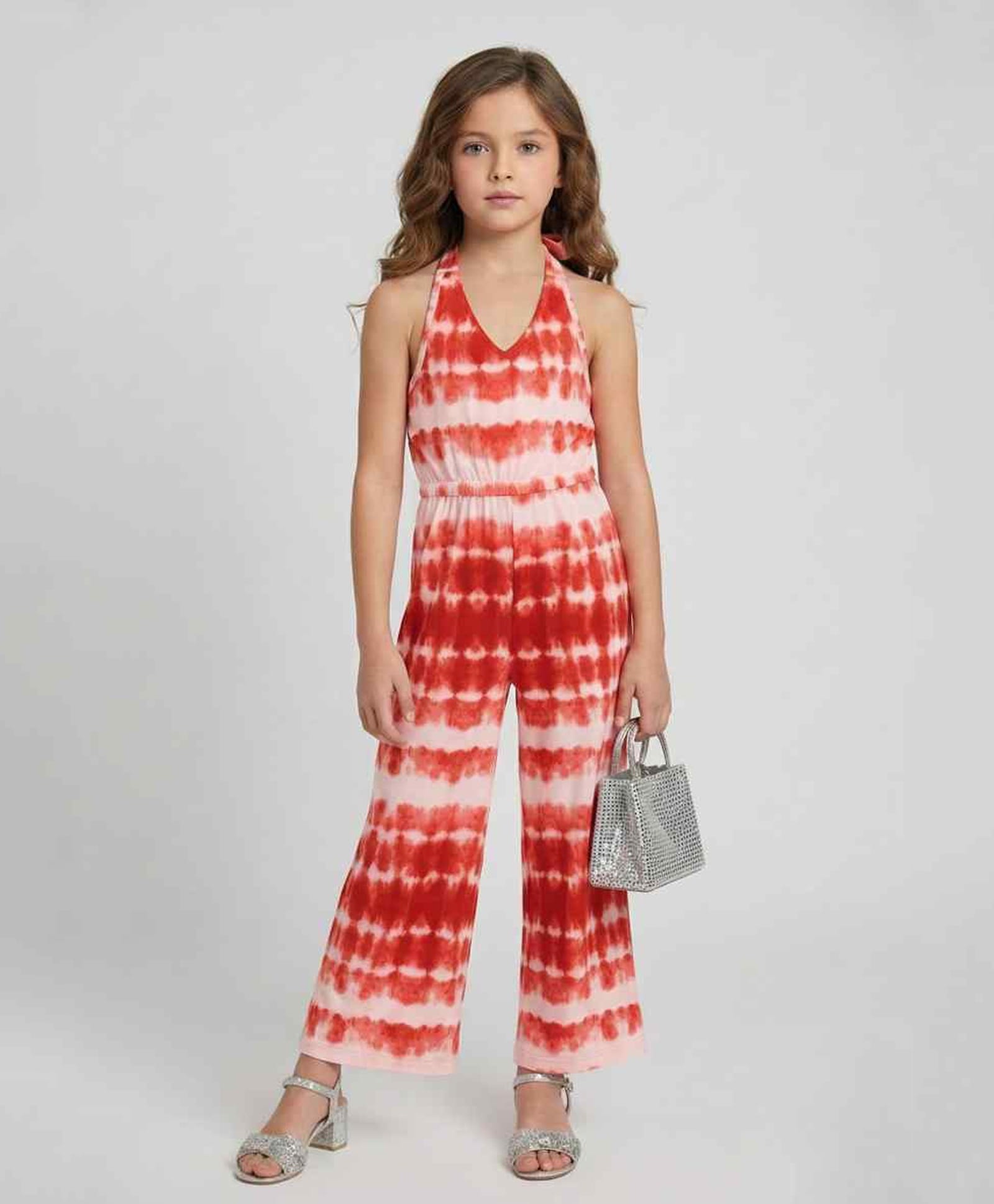 Taffykids Viscose Lycra Knit Sleeveless Tie & Dye Printed Jumpsuit - Orange & White-picture-31