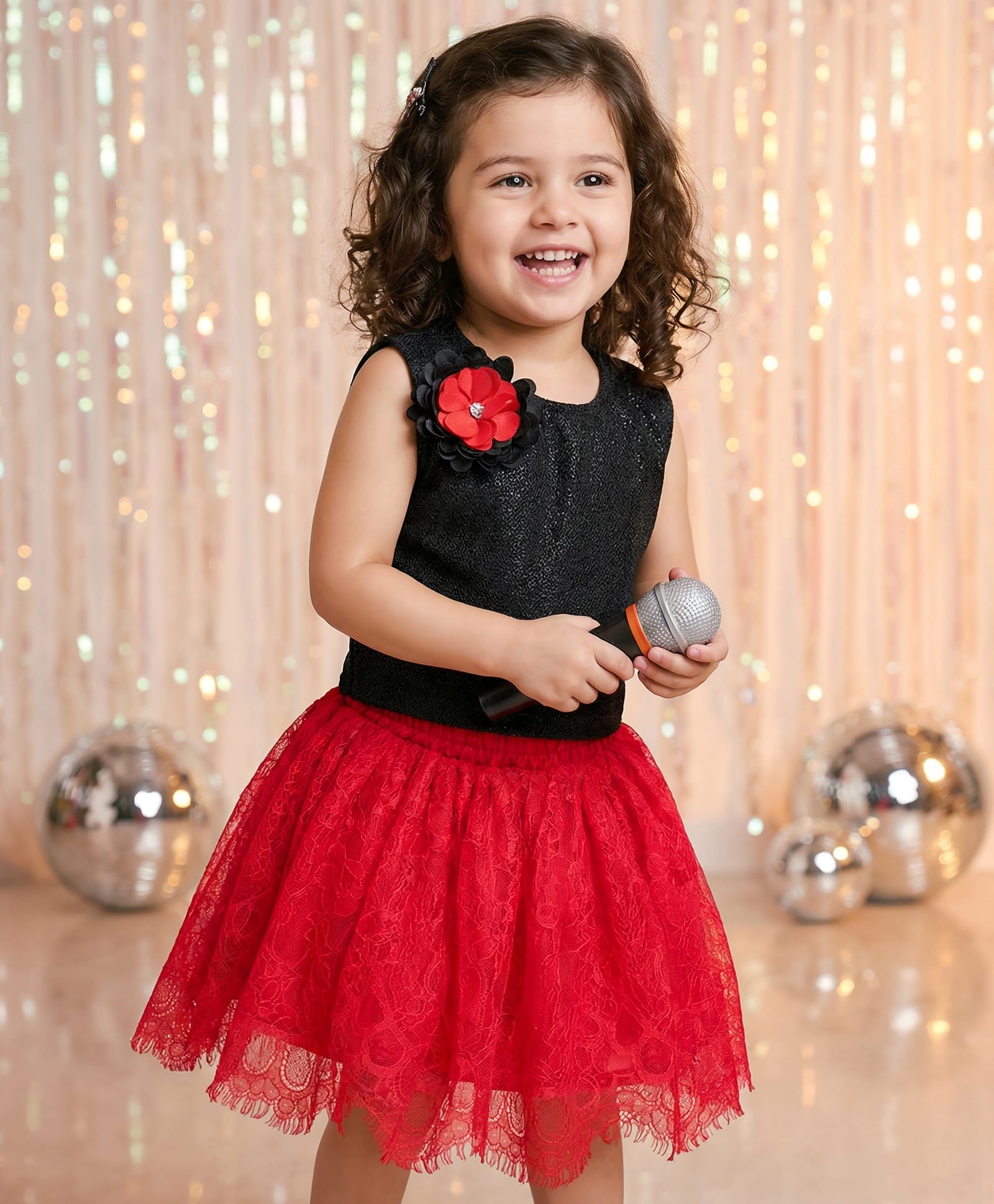 Babyhug Lace Woven Sleeveless Shimmer Party Top & Skirt Set With Floral Applique - Black & Red-image-33